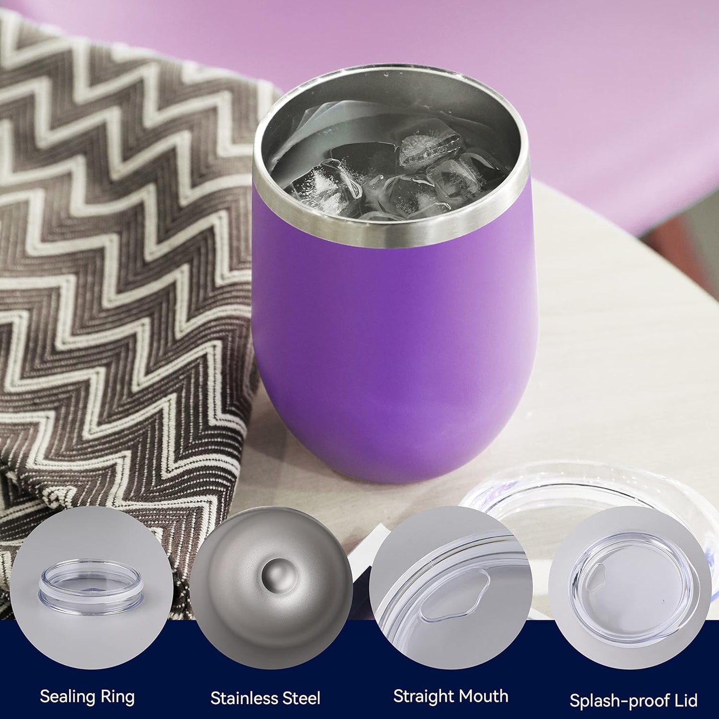 DOMICARE Stainless Steel Wine Tumbler Bulk with Lid, Personalized Insulated Tumblers Set, 12oz Travel Coffee Cups Pack of 8, Purple