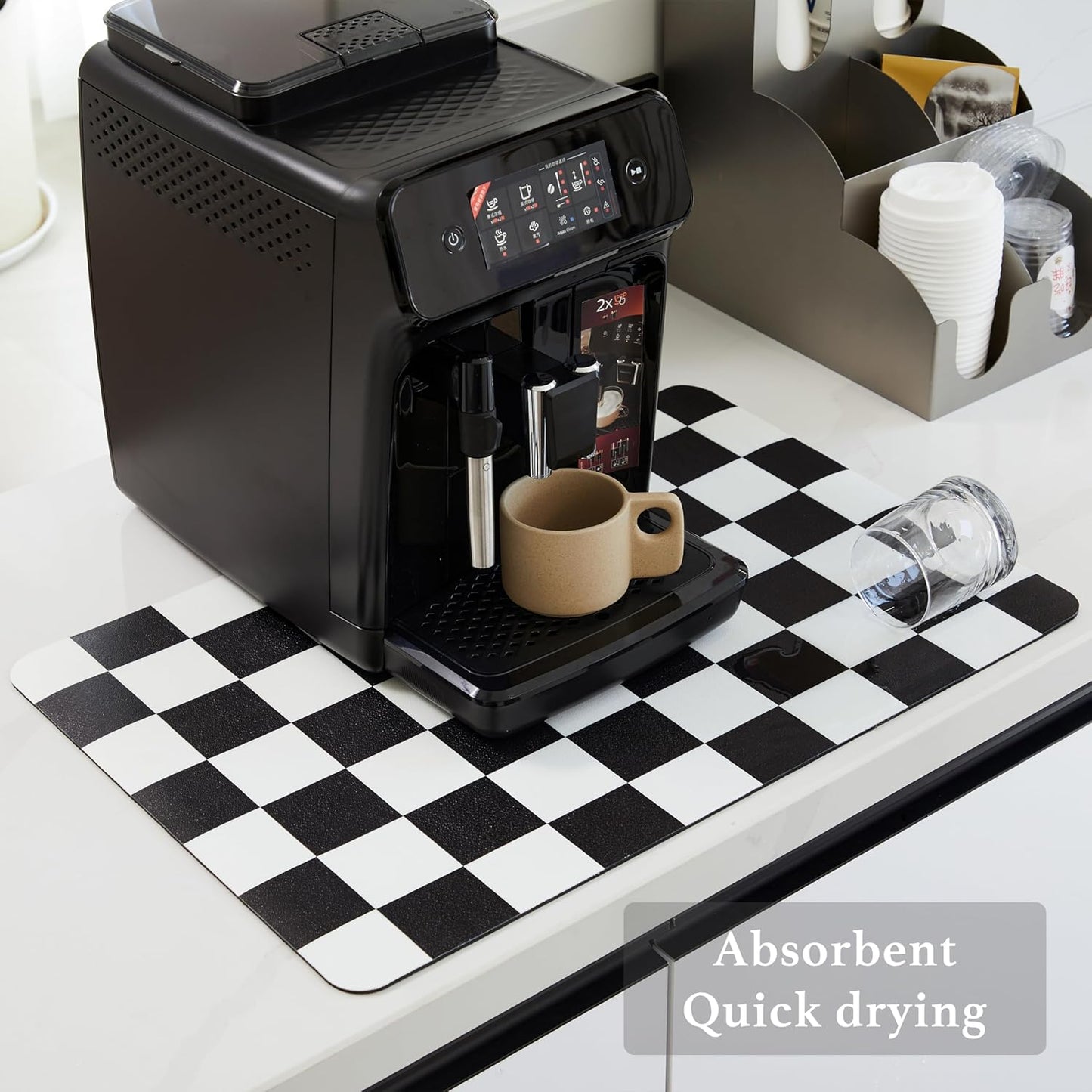 Checkered Dish Drying Mat for Kitchen Counter, Coffee Bar Station Accessories, Retro Cute Aesthetic Modern Absorbent Drainer Mat Kitchen Drying Mat Easy Clean, Black 16" x 24"