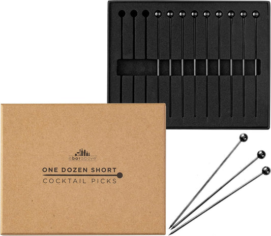 A Bar Above Short Black Cocktail Picks, Metal Stir Sticks Drink Garnish, Bloody Mary Skewers, Shrimp Cocktail, and More, Cocktail Toothpicks for Appetizers, 12 Cocktails Sticks for Drinks