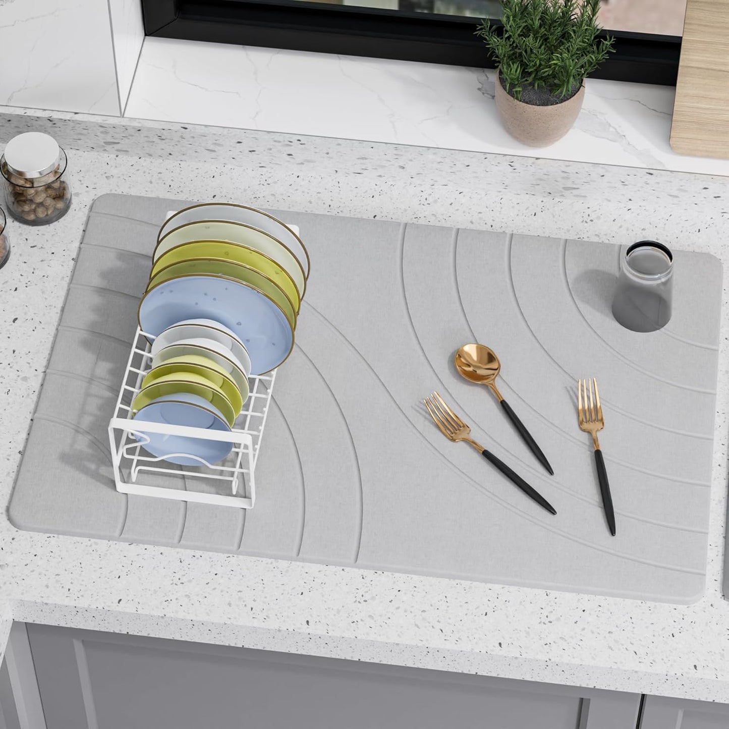 Large Stone Drying Mat for Kitchen Counter, 24" × 16" Diatomite Dish Drying Mat, Quick Dry Stone Mats, Ultra Absorbent Natural Diatomaceous Earth Mats for Dished, Bottles, Grey