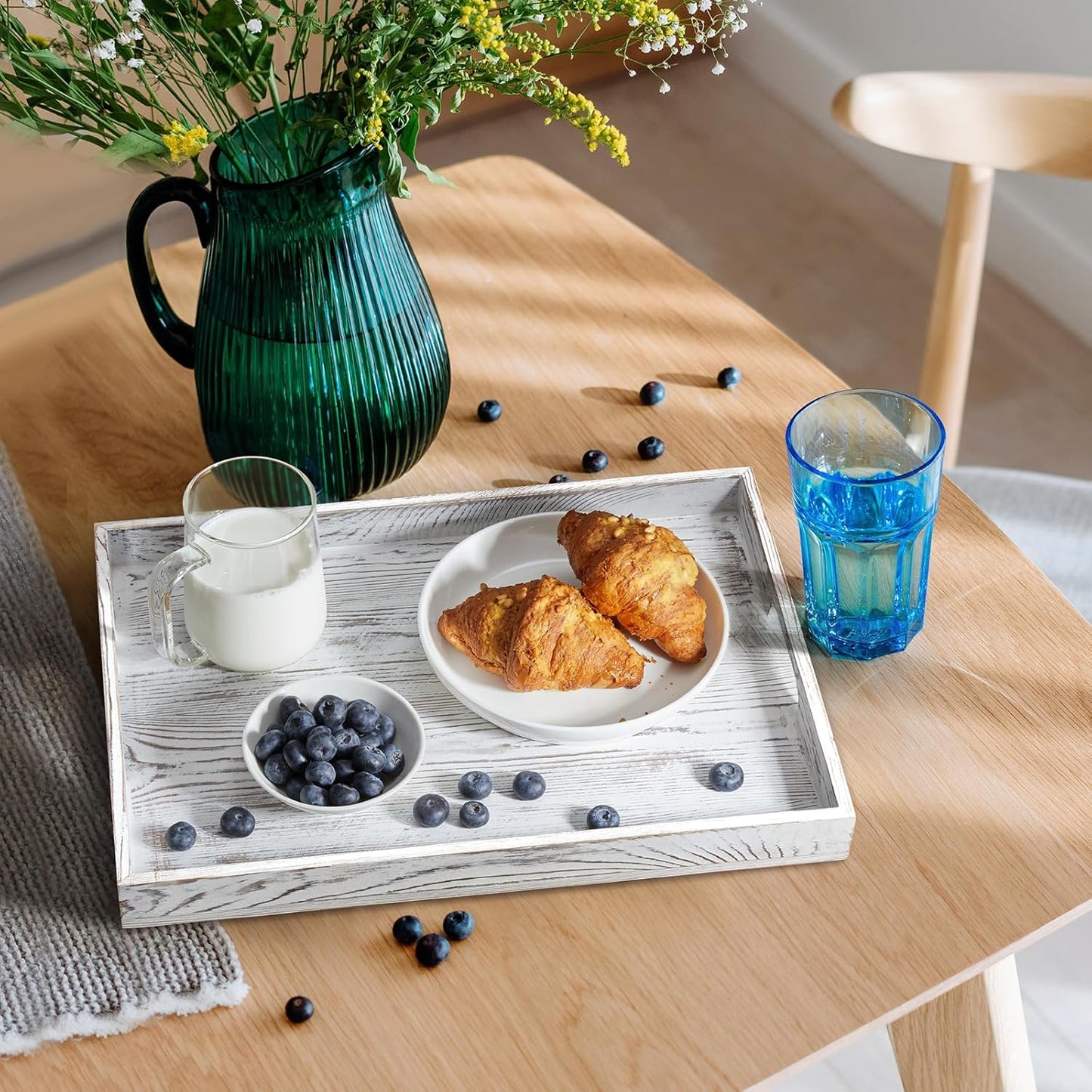 17 Inch White Serving Tray with Handles, Large Wooden Tray for Ottoman, Breakfast in Bed, Coffee Table, Dinner, Rectangular Wood Tray for Living Room Bedroom Entryway and Kitchen