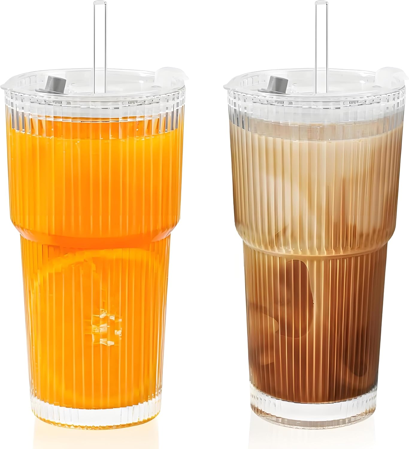 2 Pack 20 Oz Glass Cups with Lids and Straws Iced Coffee Cups Vintage Ribbed Glassware for Beer Ice Coffee Fruit Juice Elegant Aesthetic Cup Glass Iced Coffee Tumbler Include 1 Cleaning Brushes