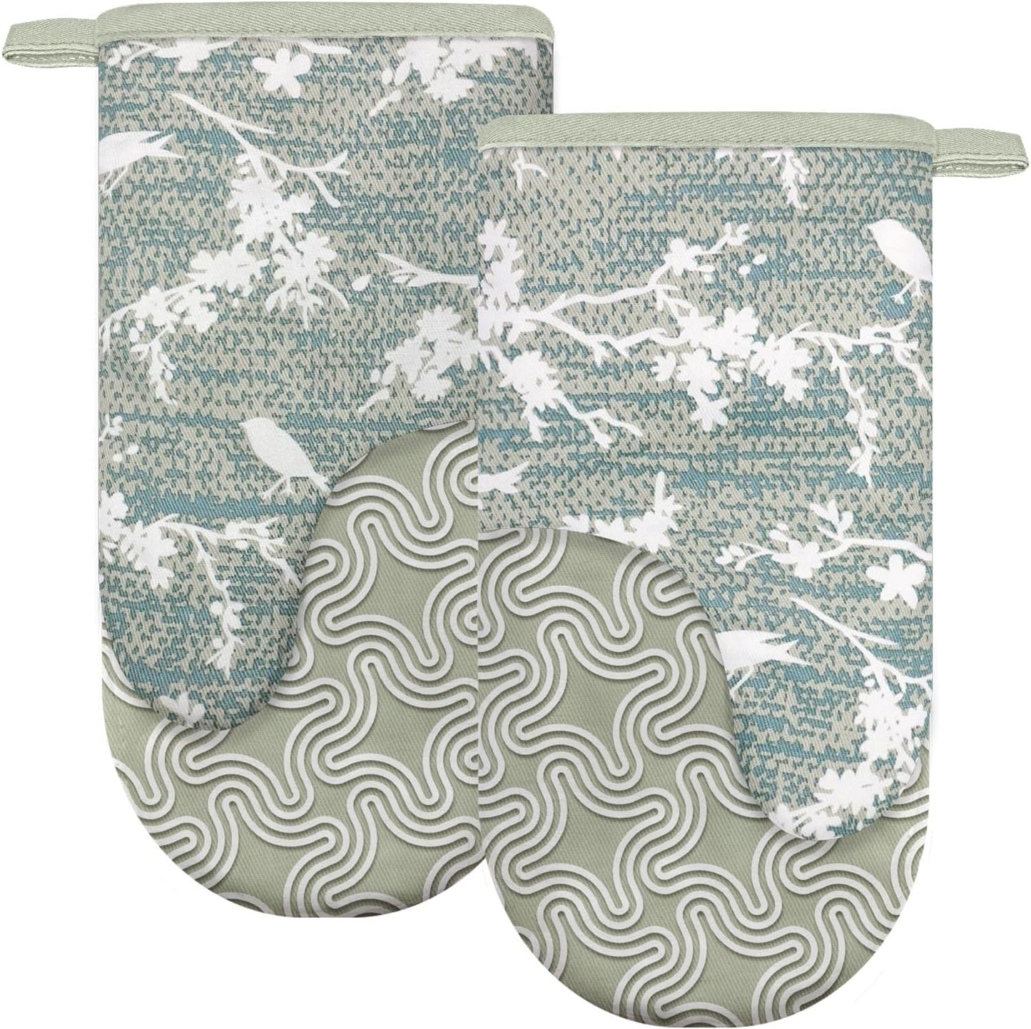 Thumb Oven Mitts, Heat and Slip Resistant Silicone Kitchen Mittens 2-Pack Set, Aqua Birds Soft Long Oven Gloves, Flexible Thick Potholders for Safe Baking Cooking and Grilling (Aqua)