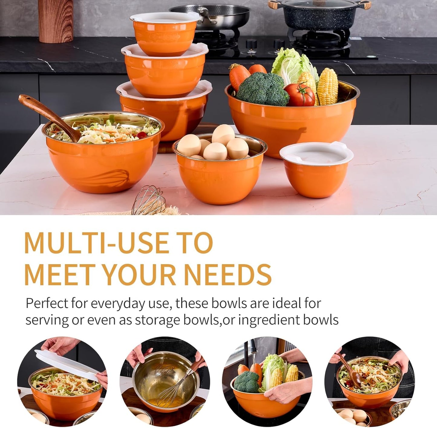 Orange Mixing Bowls With Airtight Lids,Stainless Steel Bowl,Salad Bowls 7 Piece Colorful Nesting Bowl Orange Kitchen Accessories,Size 7,3.6,2.7,2.1,1.5,1.1,0.8QT Stackable Design