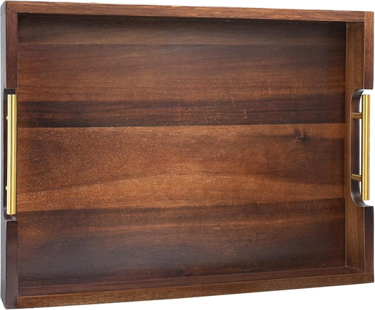Joy&Grace Acacia Wooden Serving Tray with Metal Handles 16.7 x 12.8 inch Decorative Ottoman Tray for Living Room Coffee Table Large (Color Brown)