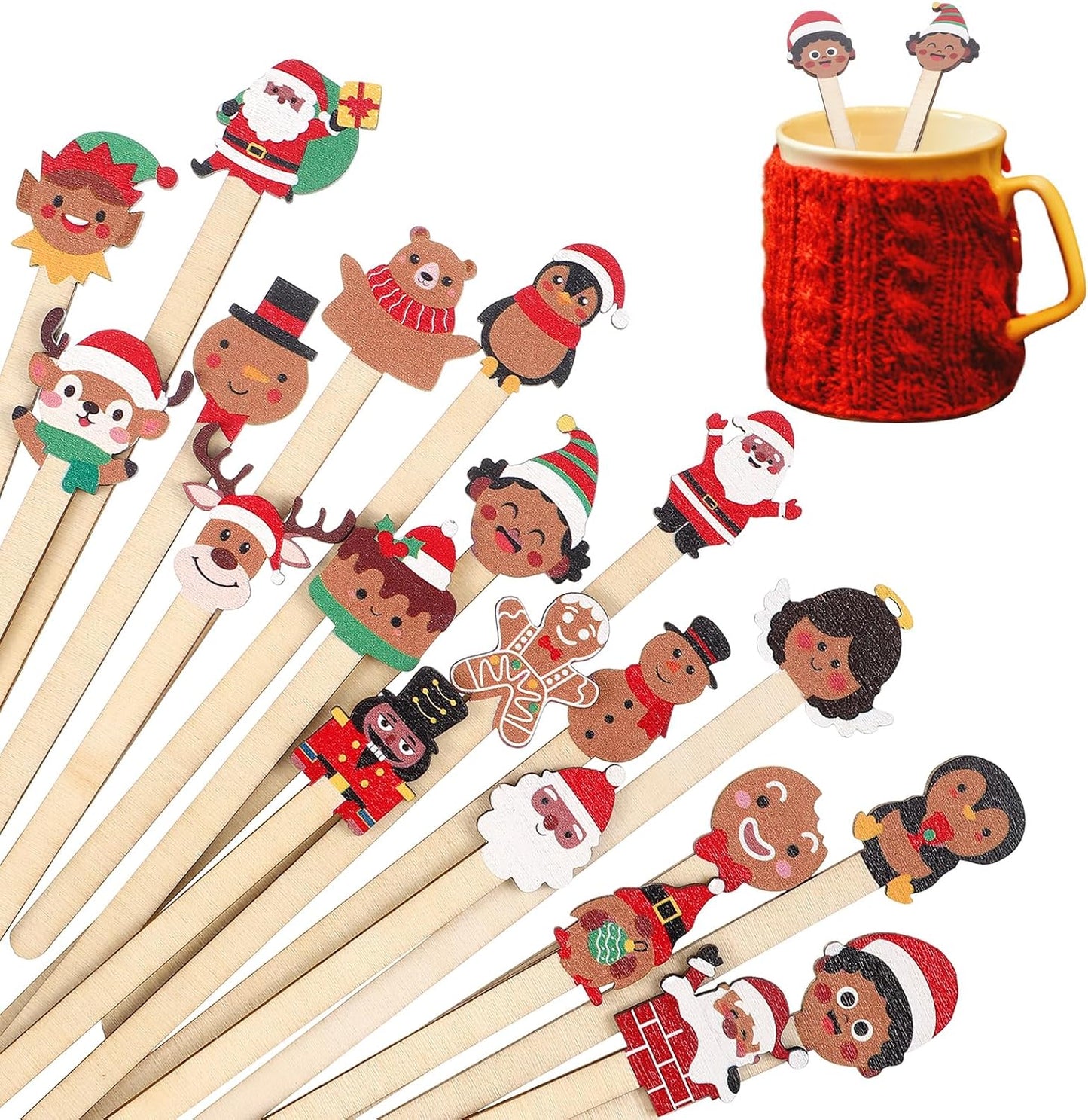 Mifoci 100 Pcs Christmas Wooded Coffee Stirrers African American Christmas Coffee Stir Sticks Disposable Stirring Sticks for Beverage Chocolate Hot Drink Party Supplies, 20 Styles (African American)