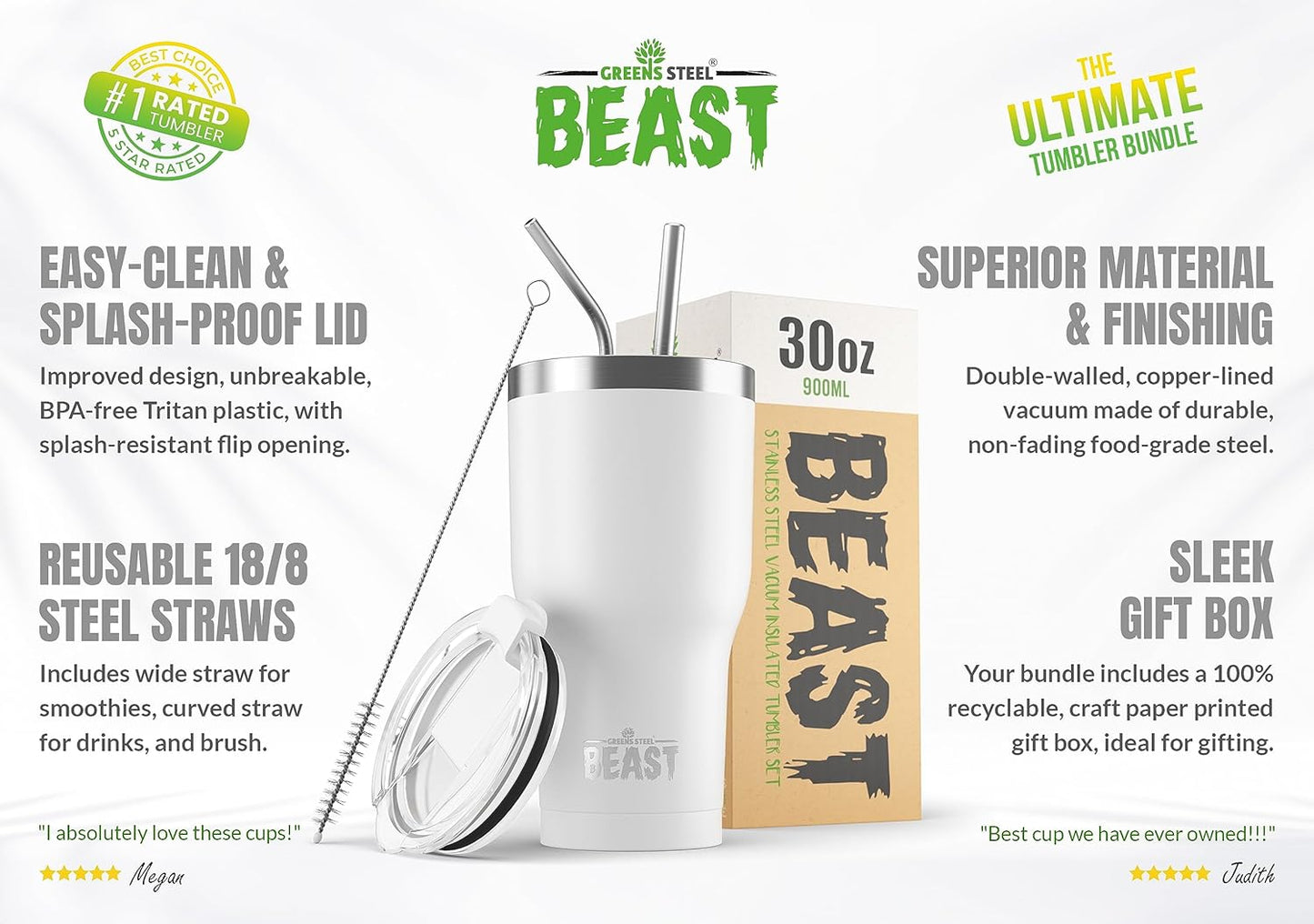 Beast 30 oz Tumbler Stainless Steel Vacuum Insulated Coffee Ice Cup Double Wall Travel Flask (Arctic White)