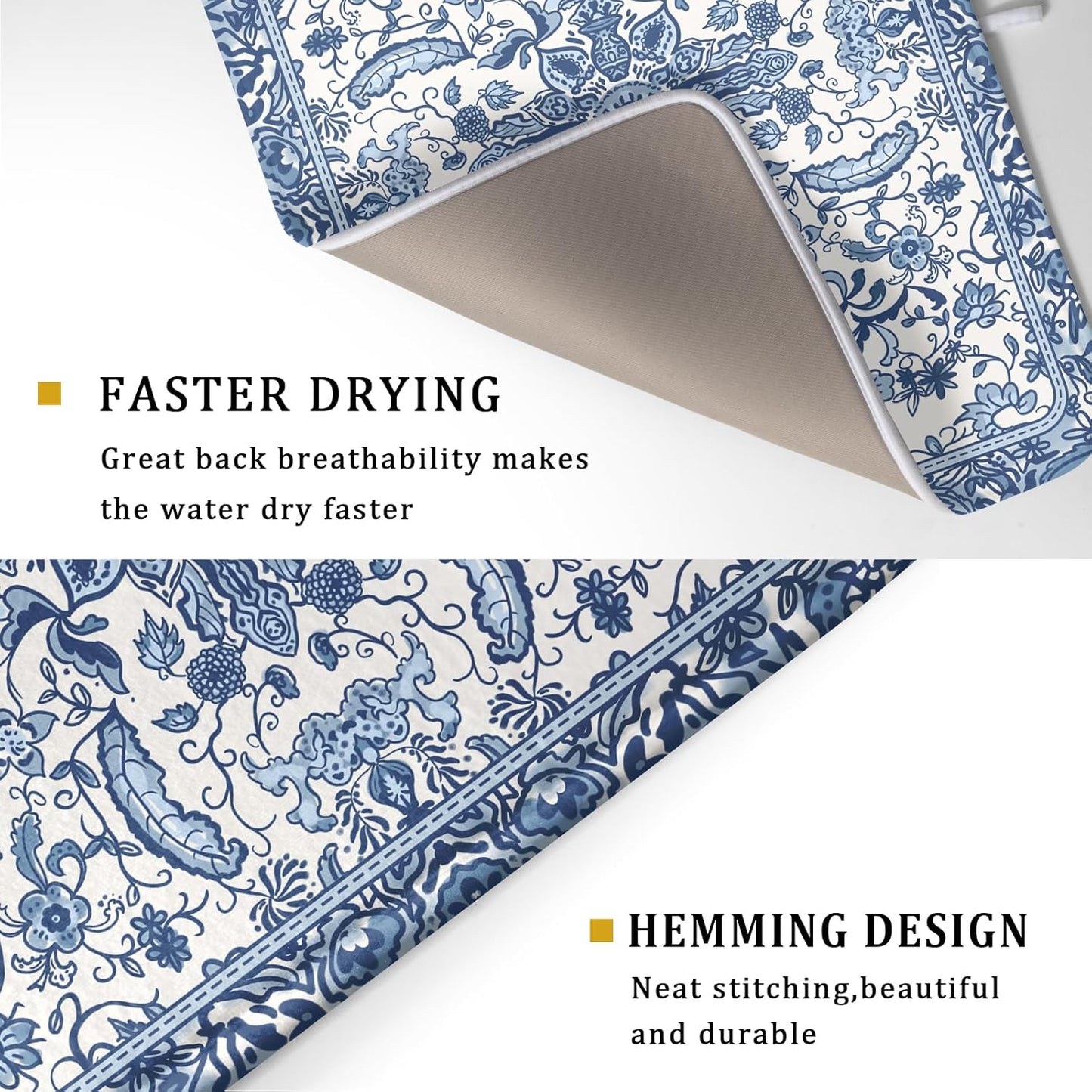 Chinoiserie Floral Dish Drying Mat for Kitchen Counter Blue and White Flowers Pattern Dish Drying Pad 16”x18”Absorbent Reversible Seasonal Decor Dishes Drainer Pad Dish Dry Rack Mat for Counter top