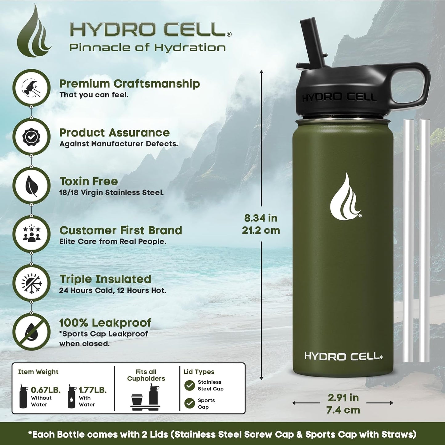 HYDRO CELL Stainless Steel Insulated Water Bottle with Straw - For Cold & Hot Drinks - Metal Vacuum Flask with Screw Cap and Modern Leakproof Sport Thermos for Adults (Army 18oz)