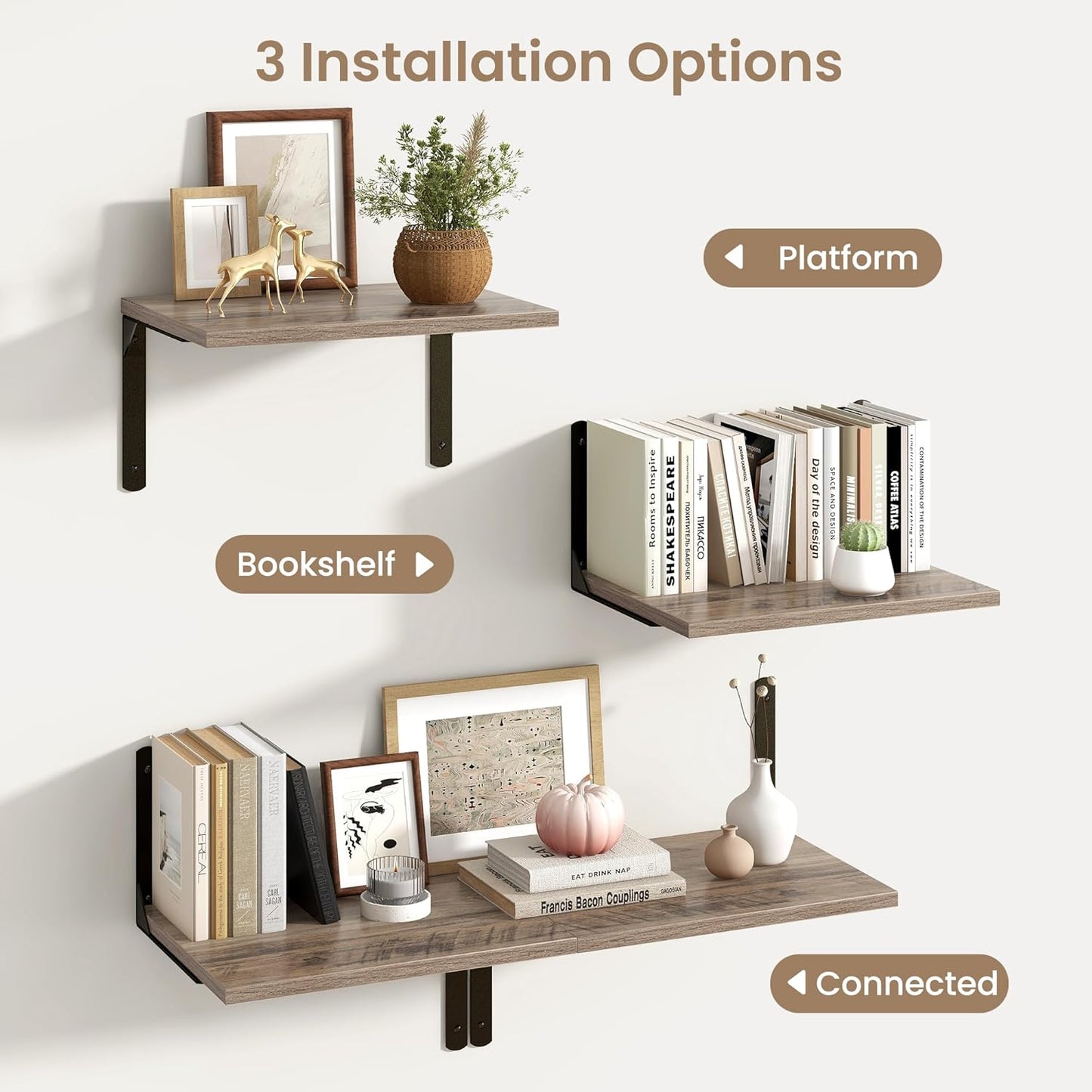 Fun Memories Floating Shelves for Wall, 12 Inch Deep Floating Shelves Set of 2, Wall Mounted Shelf with Metal Brackets, Rustic Wood Wide Shelf for Bathroom, Kitchen and Living Room, Grey, 16W x 12D