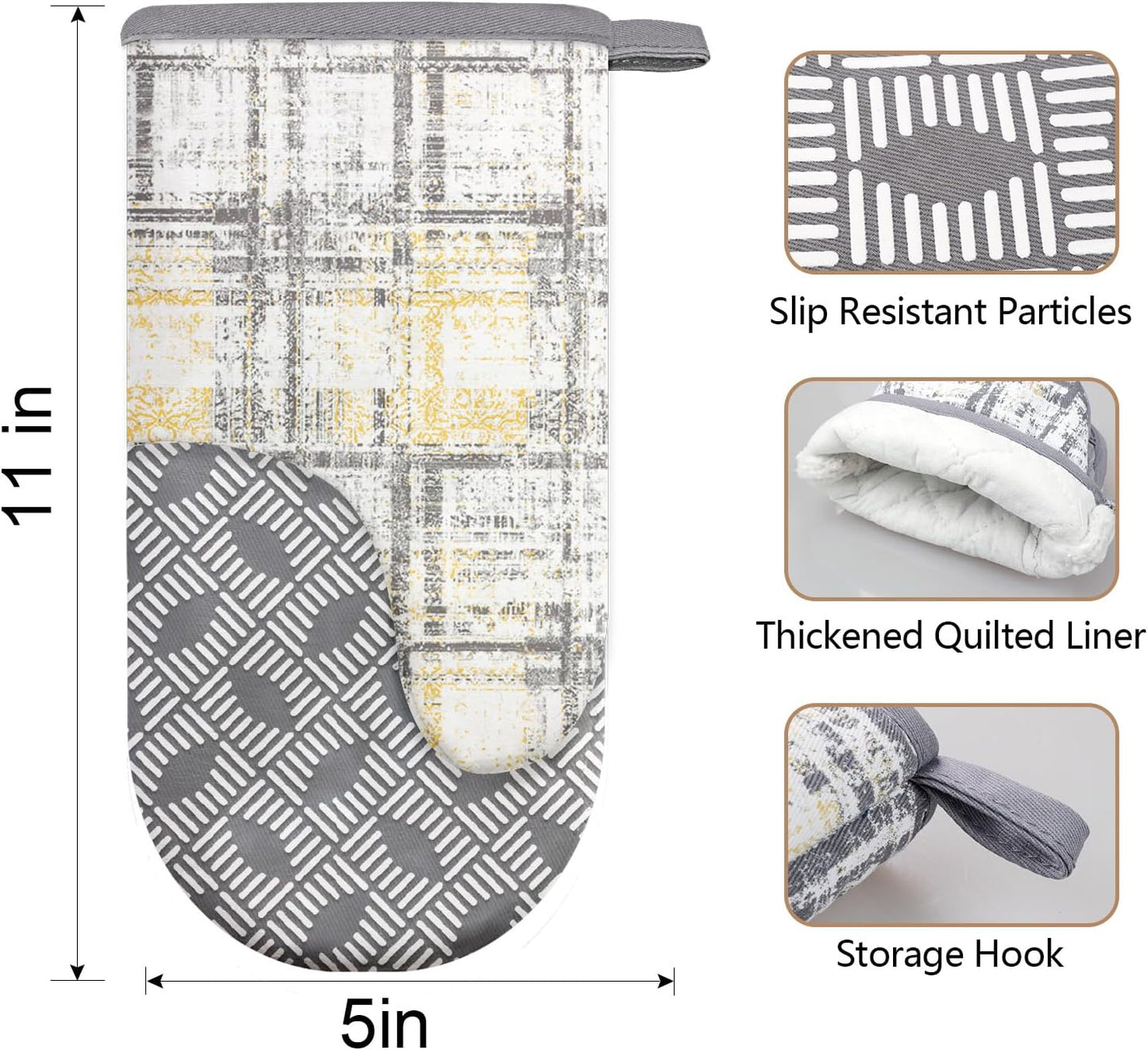 Thumb Oven Mitts, Heat and Slip Resistant Silicone Kitchen Mittens 2-Pack Set, Vintage Plaid Soft Long Oven Gloves, Flexible Thick Potholders for Safe Baking Cooking and Grilling (Vintage Grey)