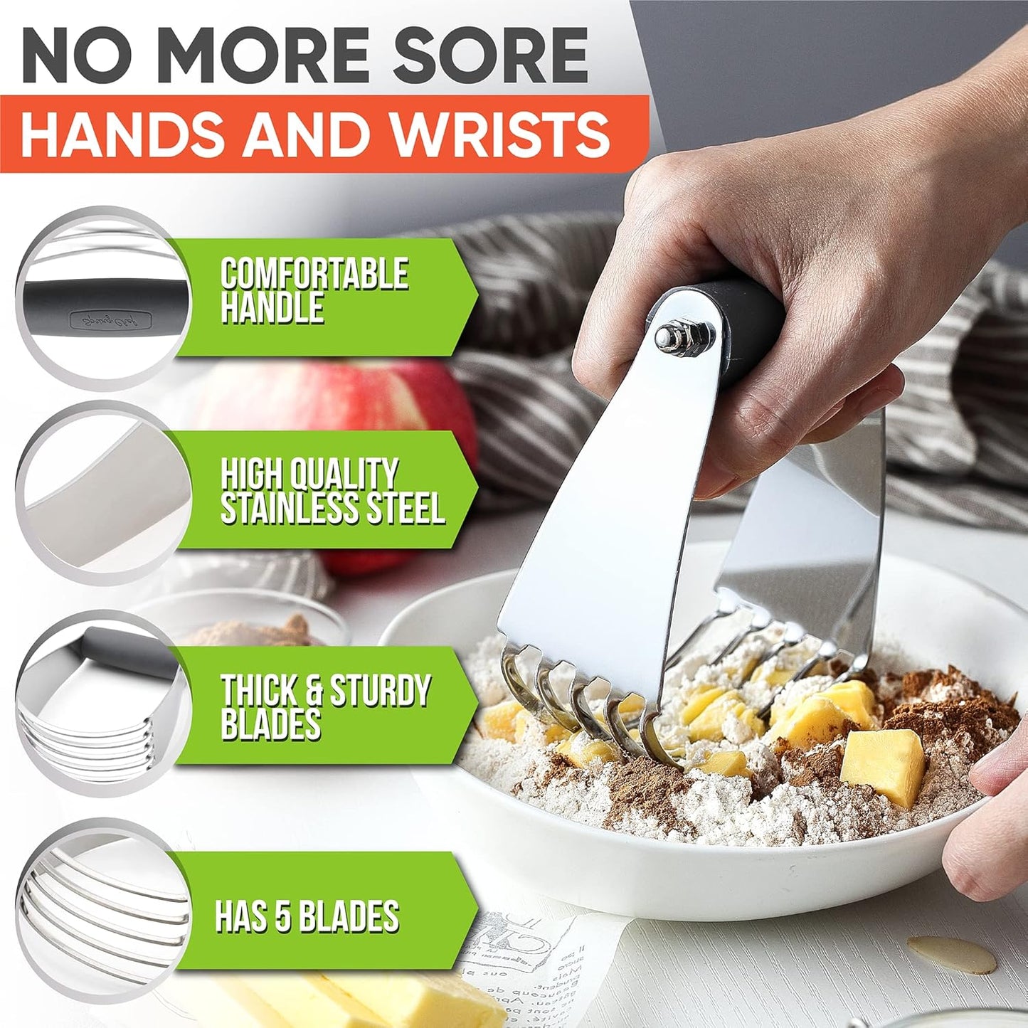 Spring Chef Medium Size Gray Dough Blender For Baking, Professional Dough Cutter Tool, Stainless Steel Pastry Cutter Tool with Durable & Thick Blades, Dishwasher Safe Pastry Blender for Easy Mixing