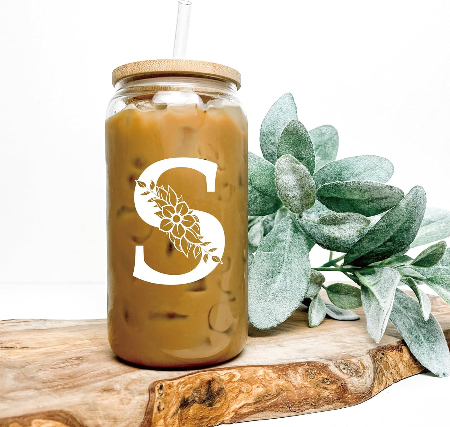 Personalized Gifts for Women, Monogrammed Glass Cups with Lids and Straws, Custom Tumbler, Cute Customized Mug, Aesthetic Stuff, Initial Iced Coffee Cup, Drinking Glasses, Birthday Teacher Gifts, W