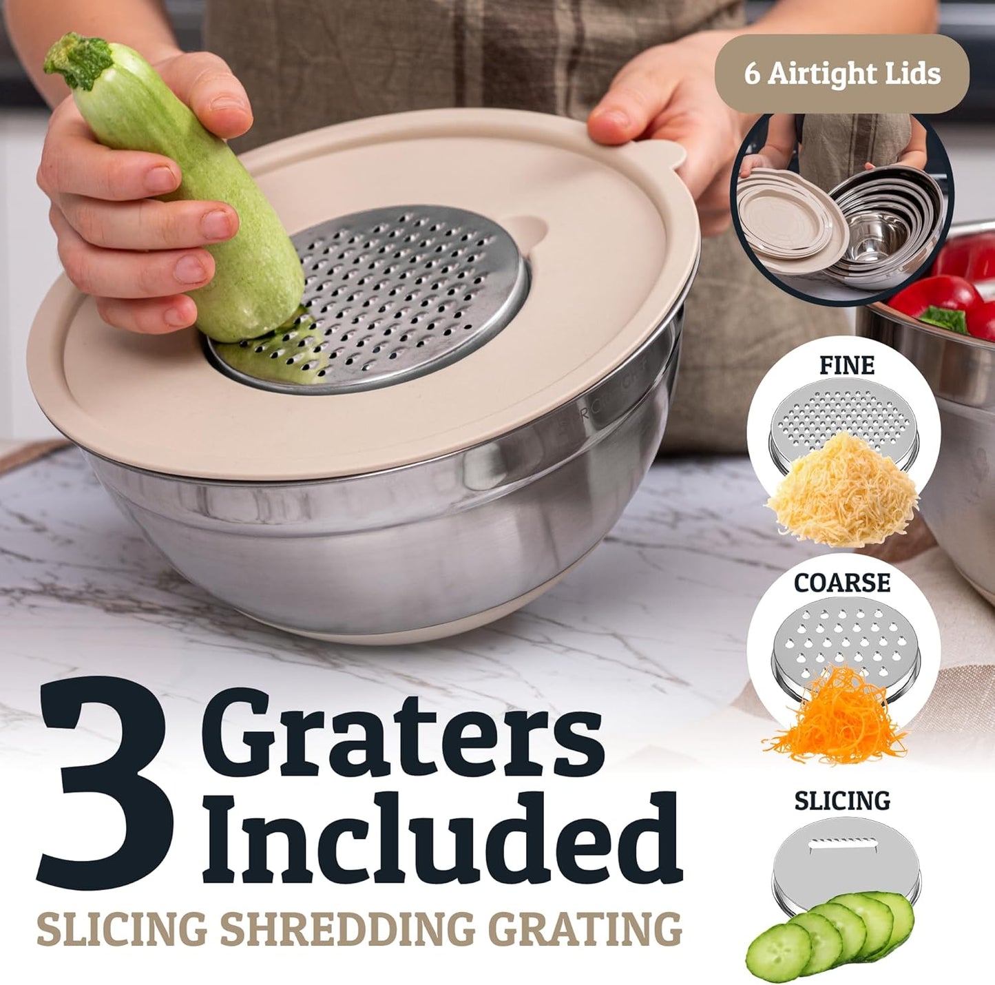 Priority Chef 6Pc Large Mixing Bowls With Lids Set with Non-Slip Bases, Stainless Steel Mixing Bowl Set, 6 Airtight Lids and 3 Graters, Khaki