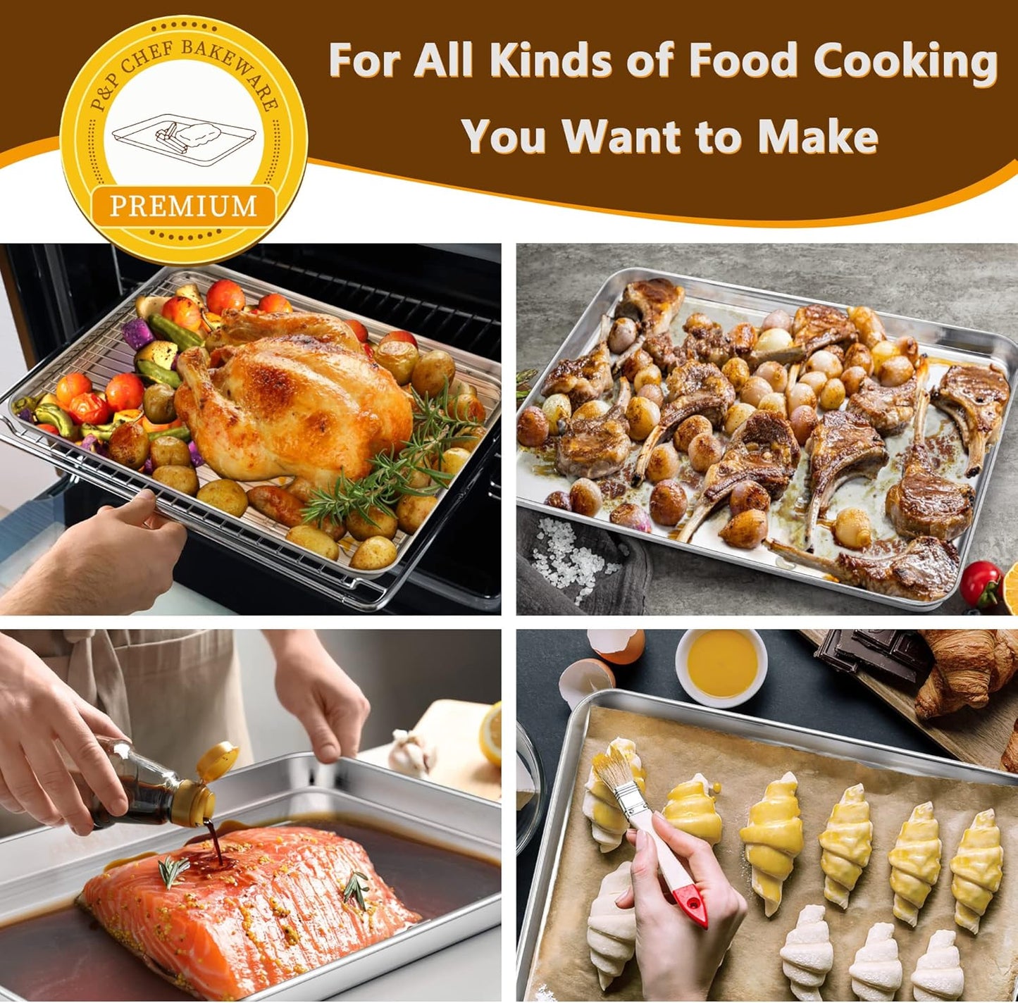 P&P CHEF 16 Inch Stainless Steel Baking Sheet with Rack Set (2 Pans+ 2 Racks), Cookie Sheets Baking Trays and Cooling Wire Racks, Oven & Dishwasher Safe, Pans with Flat Racks