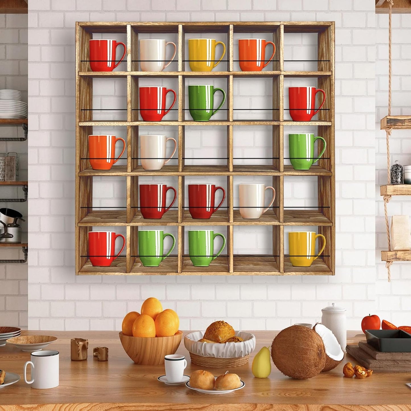 Montex Coffee Mug Holder, Mug Rack Wall Mounted, 3 Tier Coffee Mug Shelf, Rustic Coffee Mug Display Rack for Kitchen, Home, Coffee Bar(25 Grids)