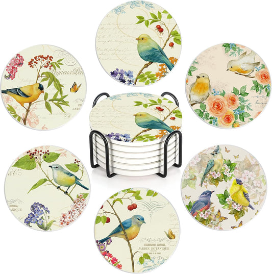 Coaster for Drinks Set of 6, Vintage Watercolor Bird Flower Absorbing Round Ceramic Stone Coaster with Cork Base,Tabletop Protection Mat for Mugs and Cups,Coffee Table Wine Glass Home Bar 4 Inch