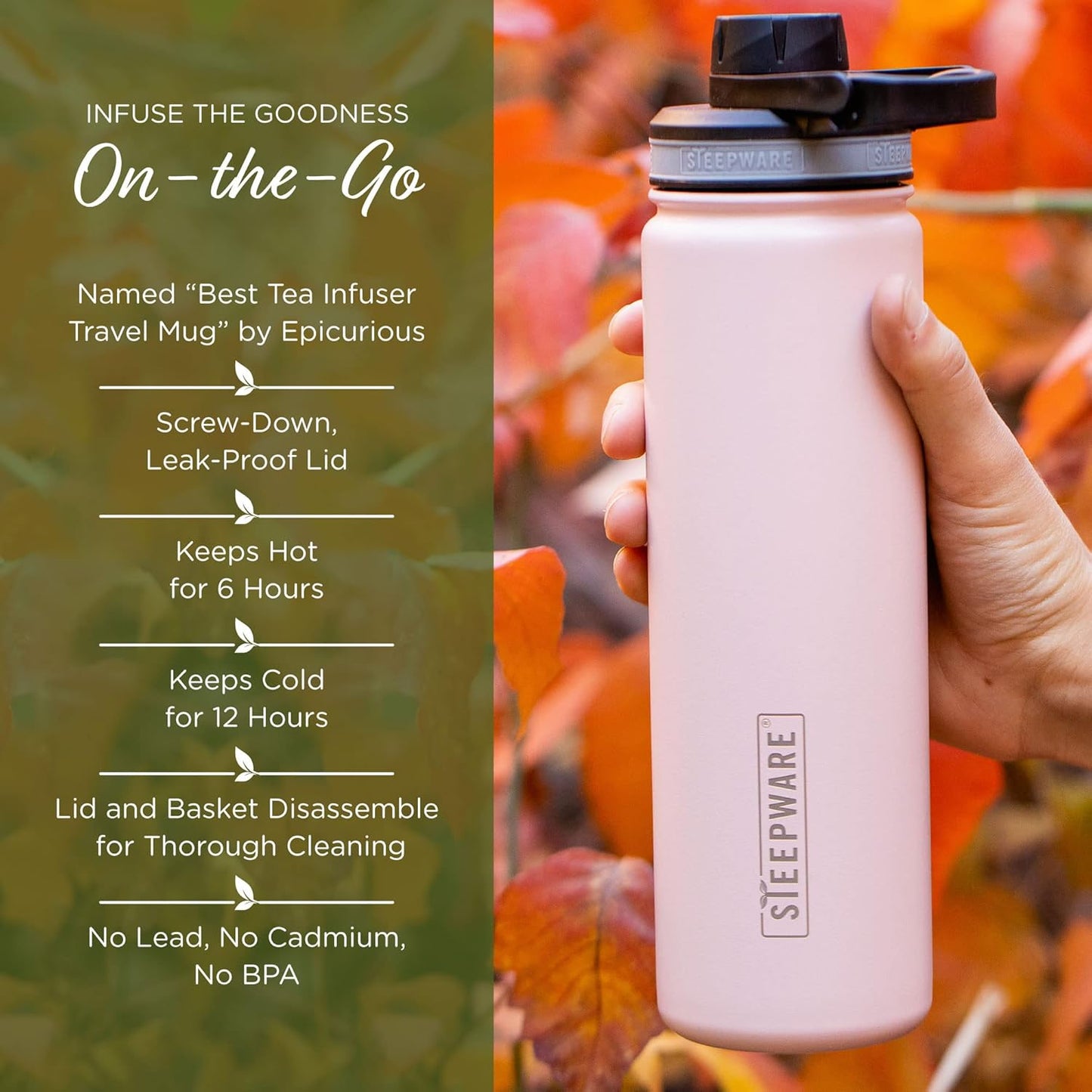 The Tea Spot Steepware Tea Tumbler,Tea Thermos, 22oz, Fog Grey- Travel Bottle with Tea Infuser for Loose Leaf Tea or Iced Coffee - Sleek Double-Walled Insulated Bottle