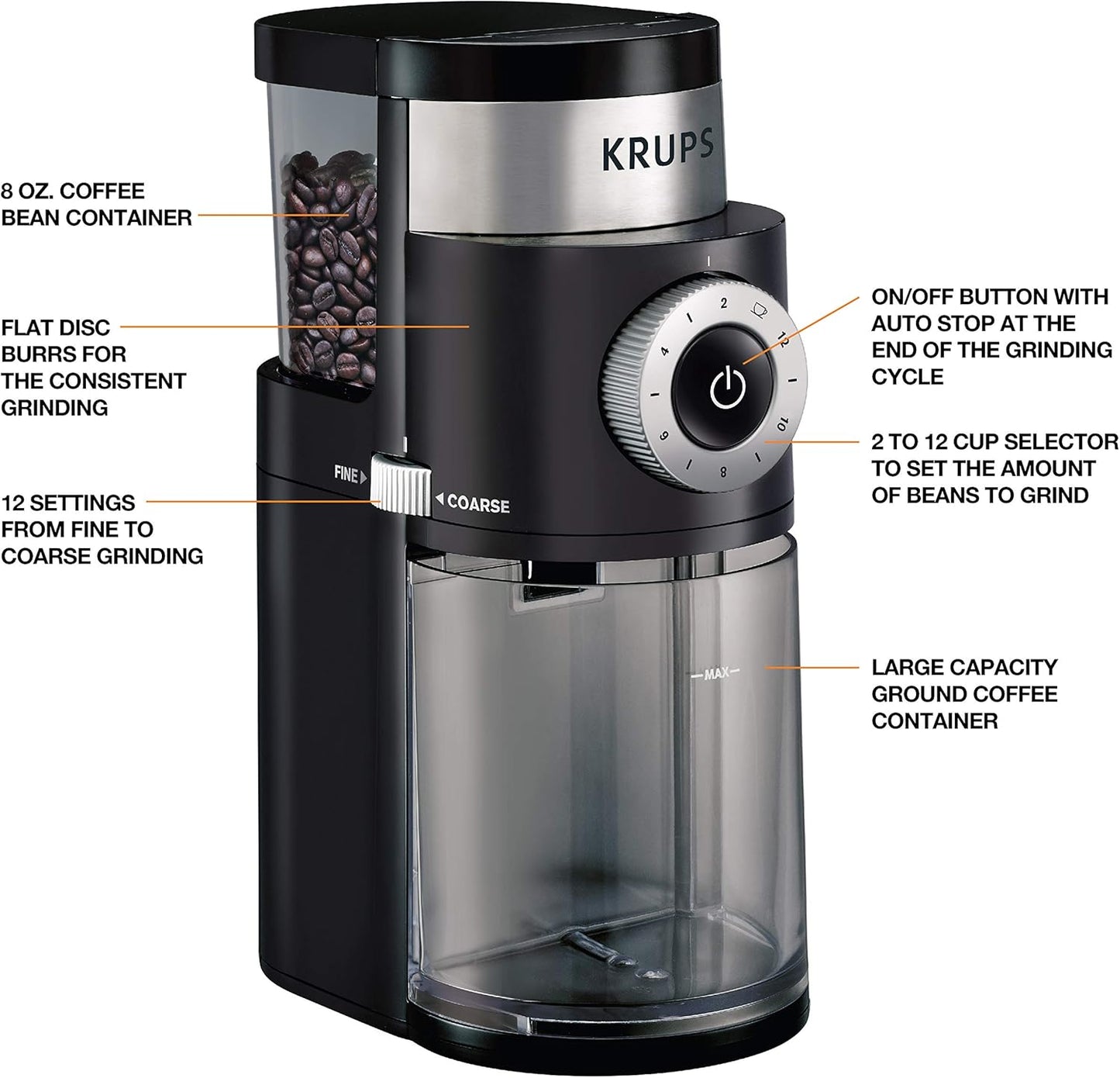 KRUPS Precision Burr Coffee Grinder: 12 Settings, 8 oz Capacity for Drip, French Press, Espresso, Pour Over, Cold Brew - Stainless Steel, 110W, Auto-Stop, Easy Clean