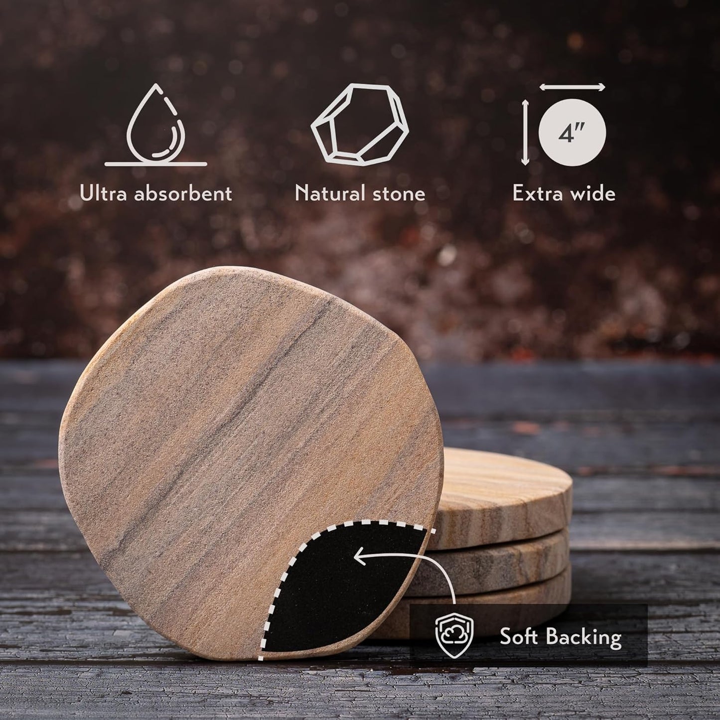 Cork & Mill Absorbent Coasters Set of 4 - Water Absorbing Sandstone Coasters for Drinks - Perfect for Coffee Table, Office Desk, Outdoor, Bedroom Nightstand - 4" Round - Unique Irregular Edge Design