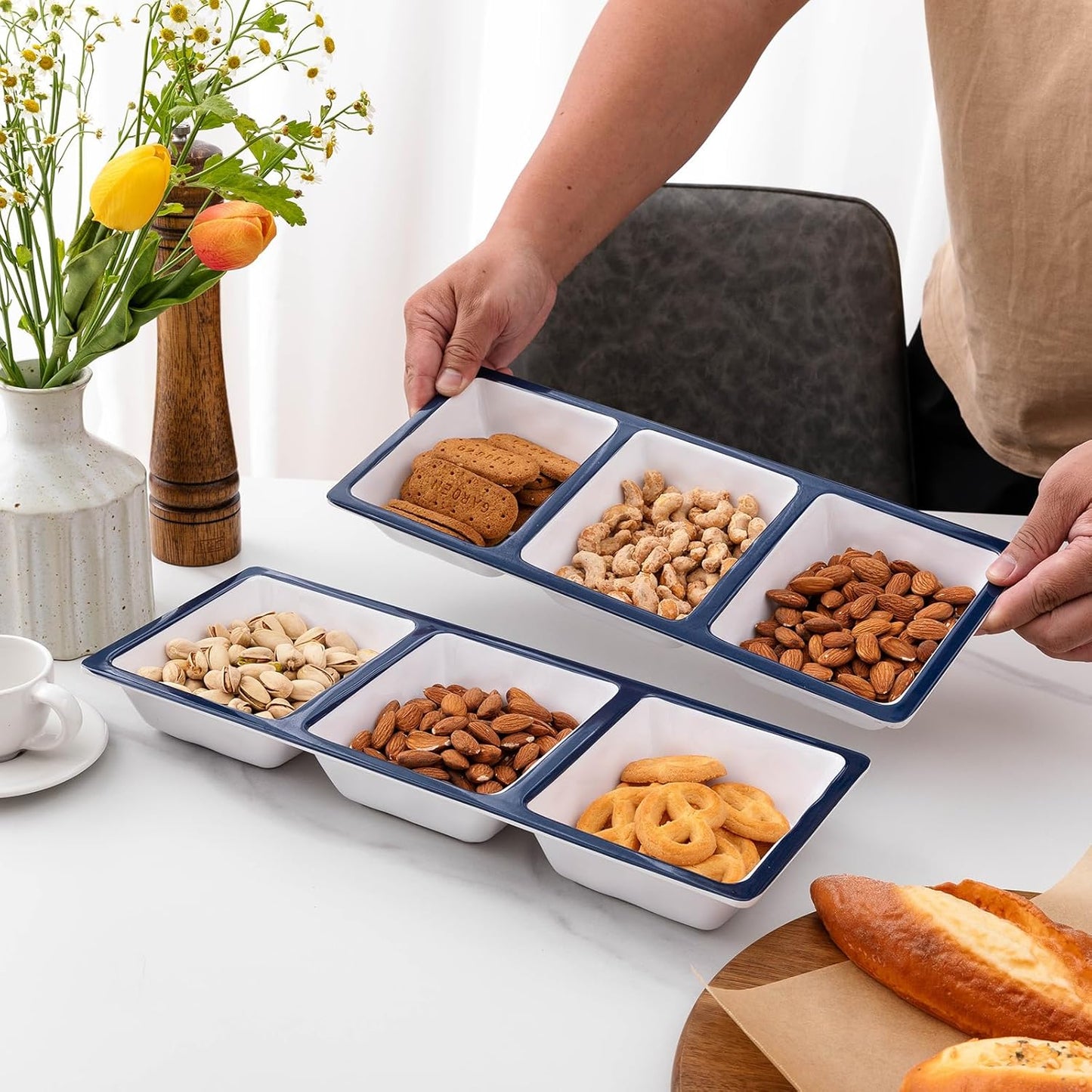 3-Section Divided Serving Trays, Talavera 14.75”x 6” Unbreakable Melamine Serving Platter for Serving Food, 3 Compartment Condiment Tray, Rectangular Condiment Server Set of 2