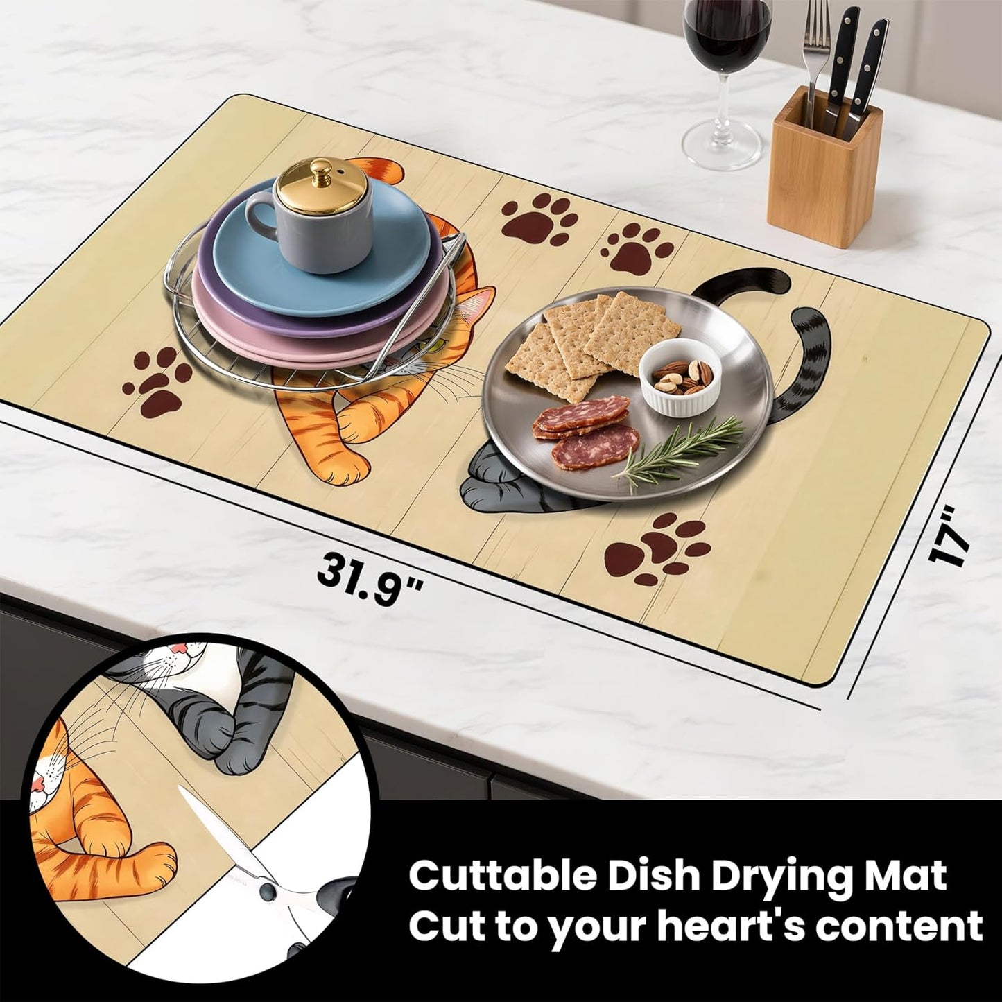 17"x 32" Coffee Bar Mat, Cats Absorbent Dish Drying Mat Cuttable Hide Stain Draining Table Pad for Kitchen Counter, Coffee Bar Accessories