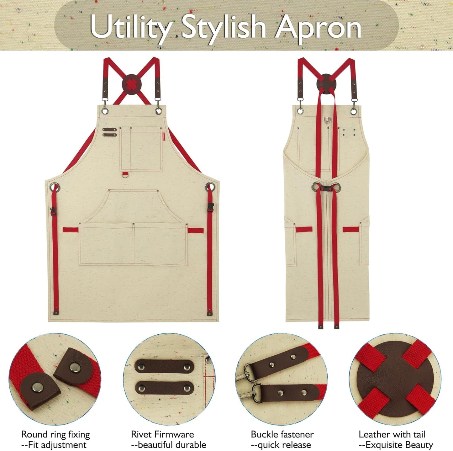 Work Aprons with Multiple Pockets, Waterproof Canvas for Cooking, Painting, Crafting, Gardening, Sizes M to XXL, Colorful Spots