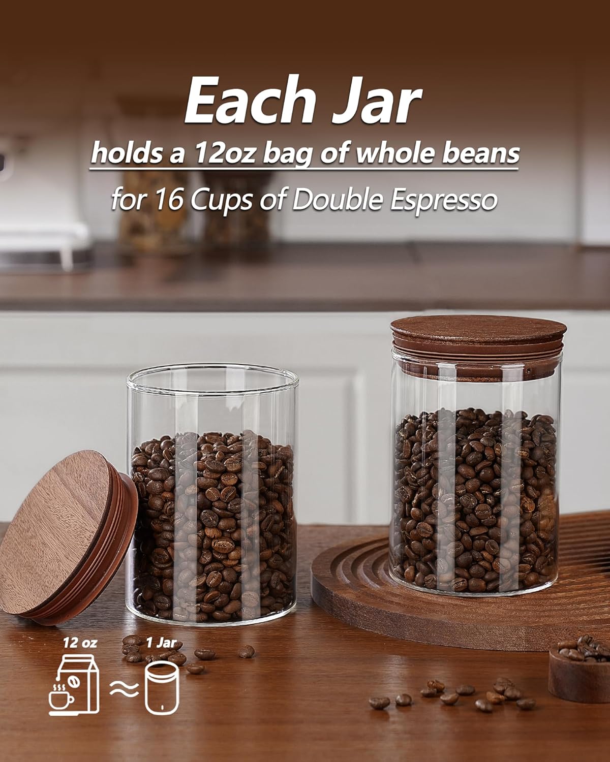 27oz Coffee Canister with Scoop and Wooden Lids, Airtight Coffee Grounds Container Set of 2 for Coffee Bar Organizer, Glass Jar for Coffee Beans Storage