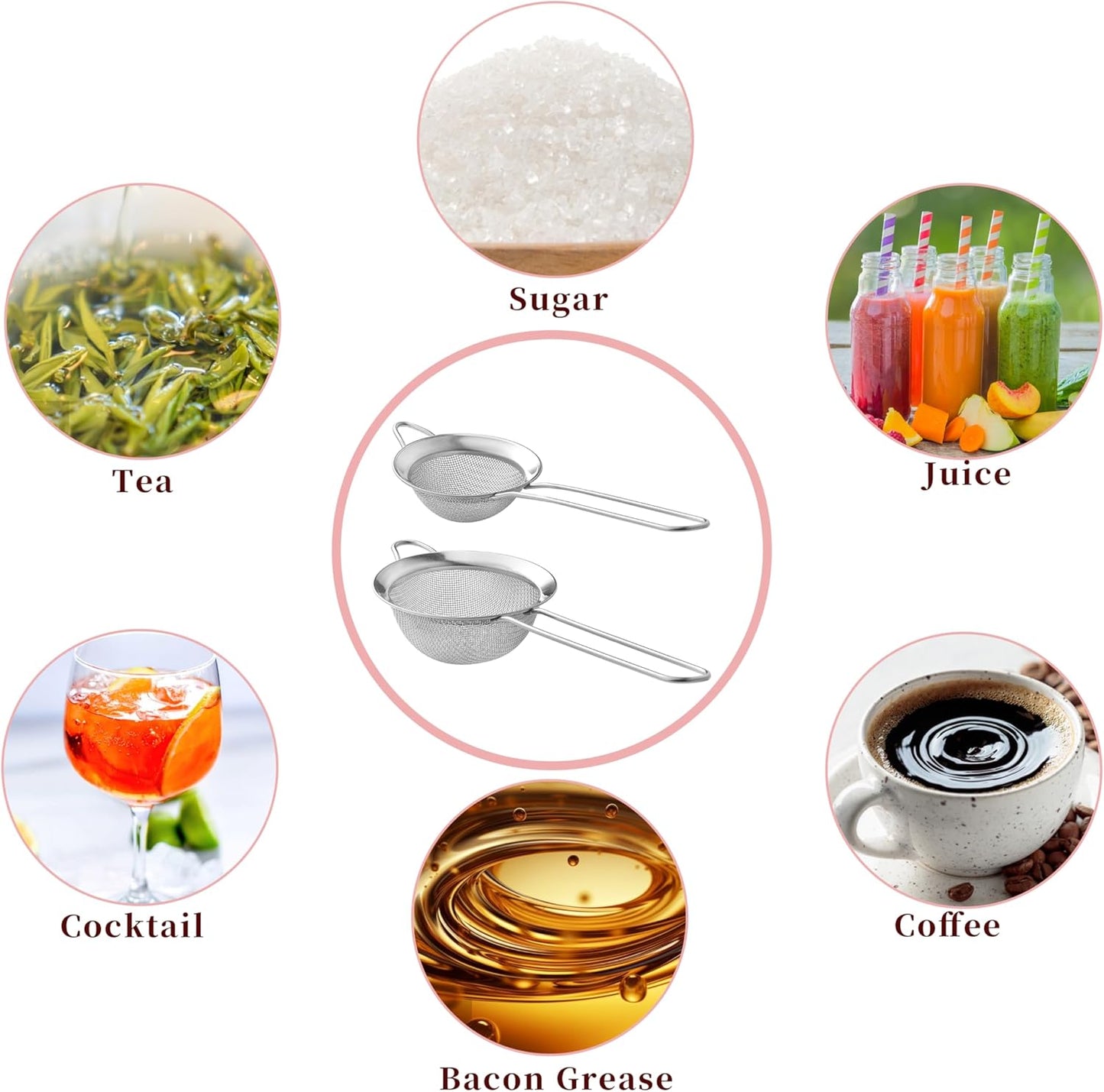 2 Pack Fine Mesh Strainers, Mini Stainless Steel Strainer with Handle for Kitchen, Metal Sieve Sifters for Straining Tea, Matcha, Cocktail, Juice and Coffee (8.6in 7.5in)