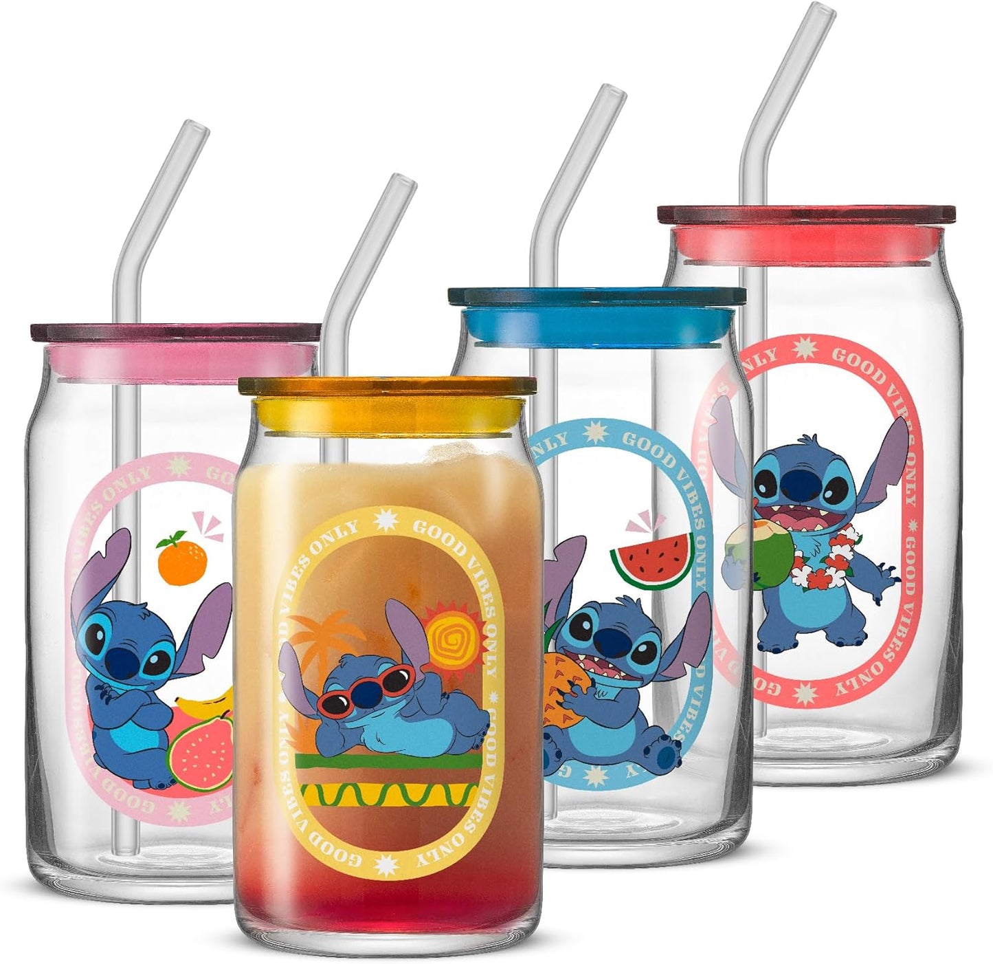 JoyJolt Disney Stitch Island Vibes Glass Tumblers with Lids and Straws, 16oz Glass Cups with Lids and Straws, Can Shaped Drinking Glasses Set of 4, Stitch Stuff, Disney Gifts for Adults