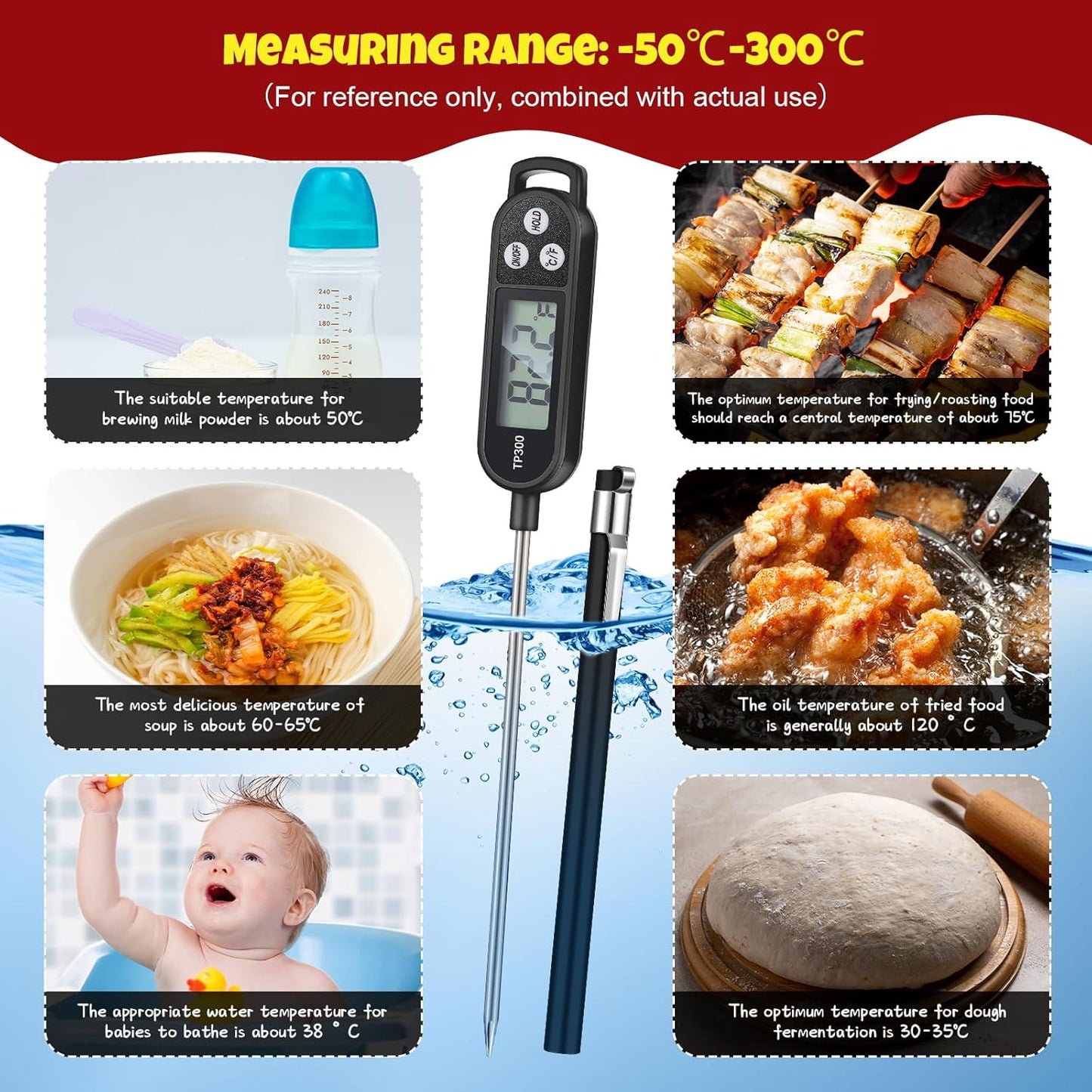 Meat Food Thermometer Food with Probe Water Liquid Instant Read Digital Thermometer Kitchen Cooking Supplies for Cooking BBQ Milk Yogurt (Black)