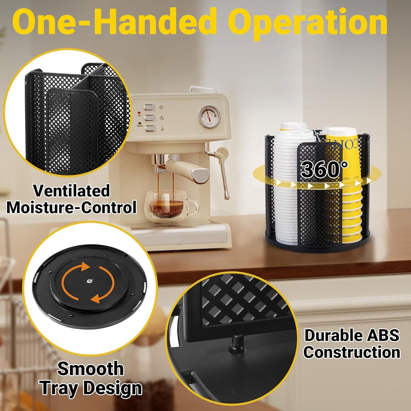 4-Compartment Rotating Paper Cup Holder & Coffee Cup Lid Storage Dispenser, Plastic Cup Dispenser Removable, Space-Saving Countertop Cup Holder for Coffee Bars, Kitchens (Black)