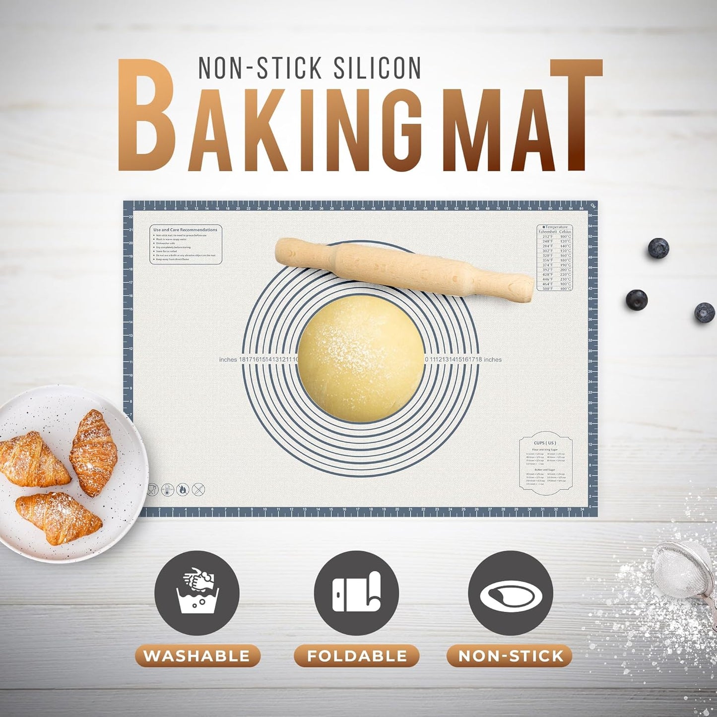 36 * 24 inches Grey, Non-Slip Silicone Baking Sheets - Baking Mat with 0.7mm Thickness - Non-Stick Pastry & Cookie Mat for Kitchen Counter for Rolling Out Dough with Measurements.