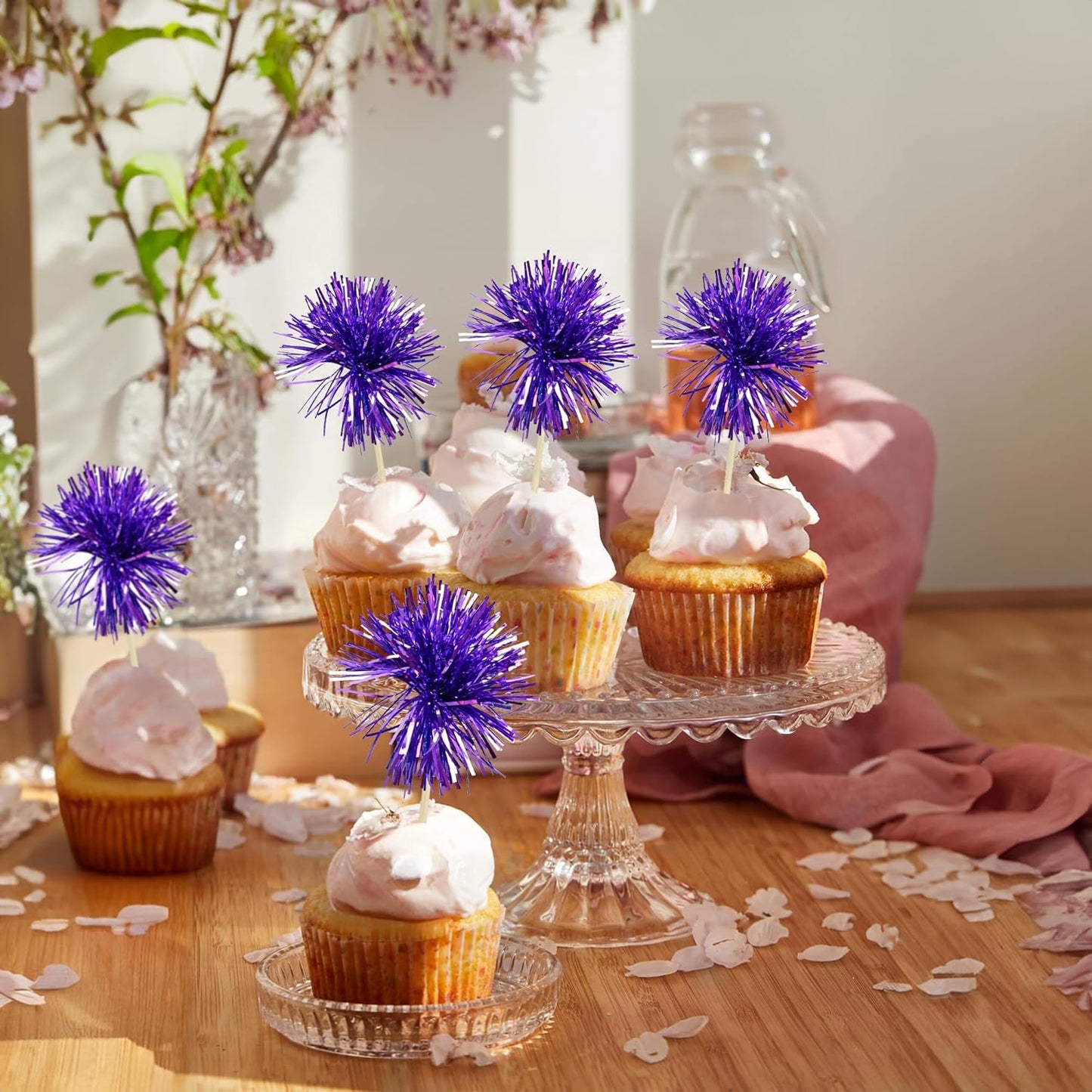 Gyufise 30Pcs Foil Firework Cupcake Toppers Sparkle Tinsel Cake Toppers Tinsel Drink Cake Decoration Cocktail Picks for Birthday Wedding Graduation Party Supplies Dark Purple