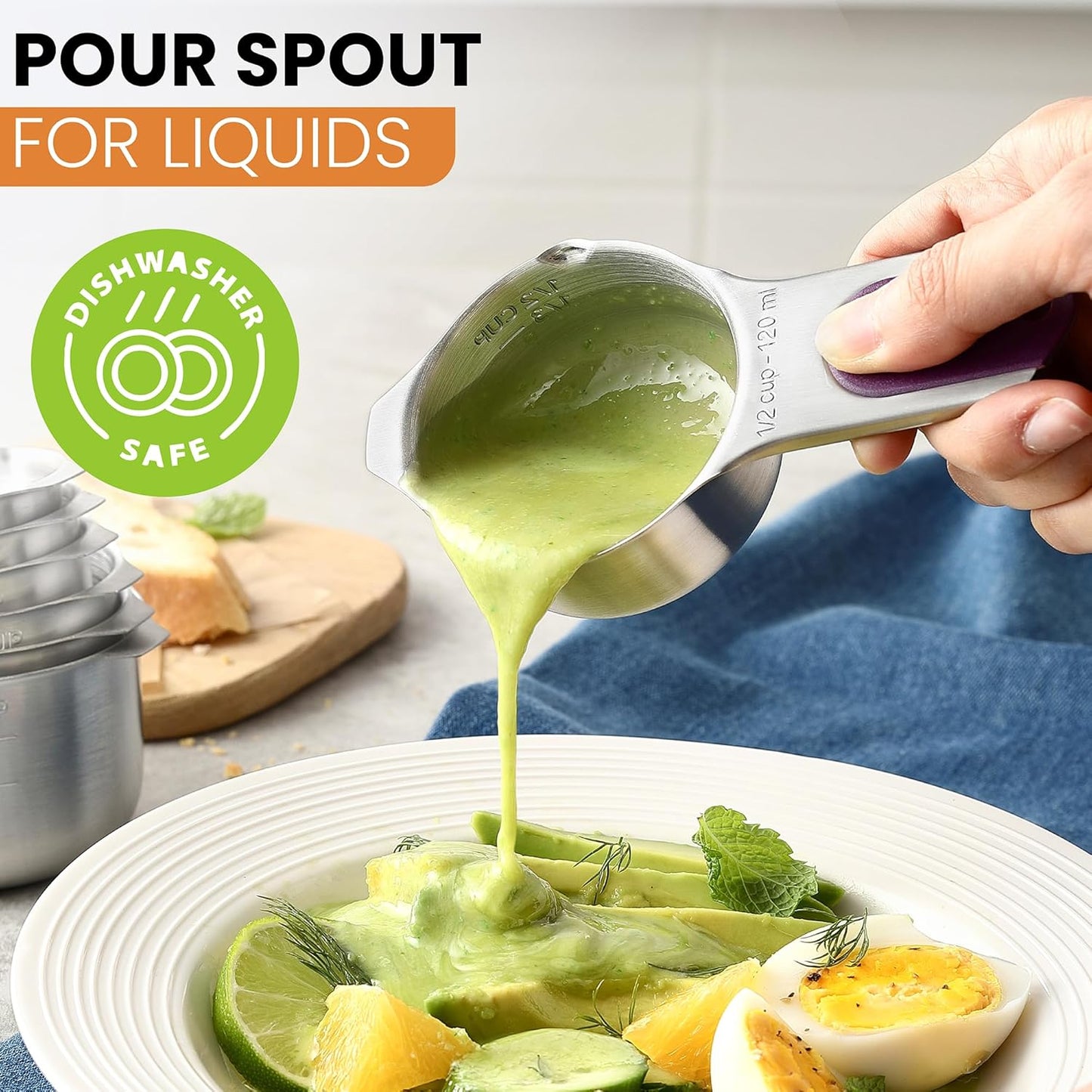 Spring Chef Magnetic Stainless Steel Measuring Cups (Patent Pending), Kitchen Tools with Easy to Read Markings for Measuring Dry or Liquid Ingredients, Set of 7, Multicolor