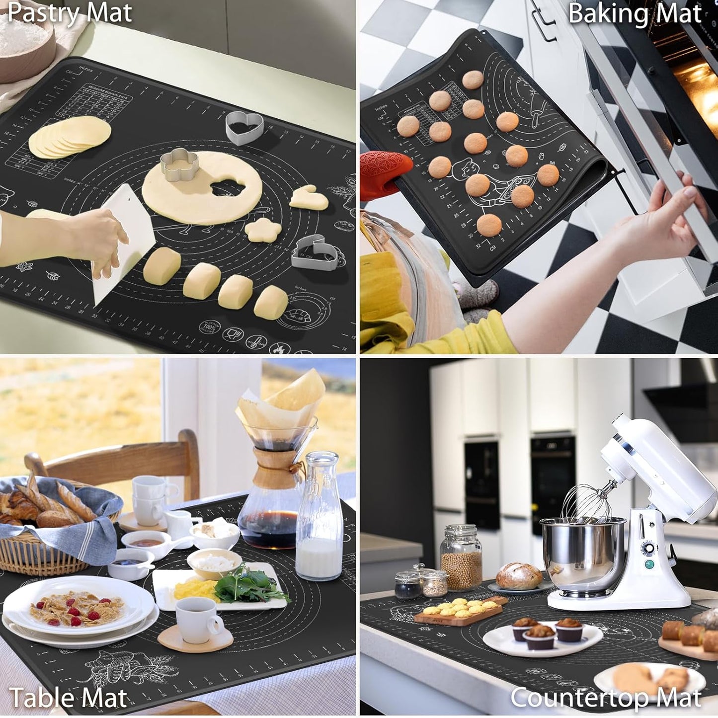 Silicone Baking Mat 32" x 24" Extra Thickness Dough Rolling Mat with Measurements and Edge Heightening, Non-stick Food Grade Silicone Pastry Mat for Pastry, Bread, Cookies, Pizza, Fondant, Pasta-Black