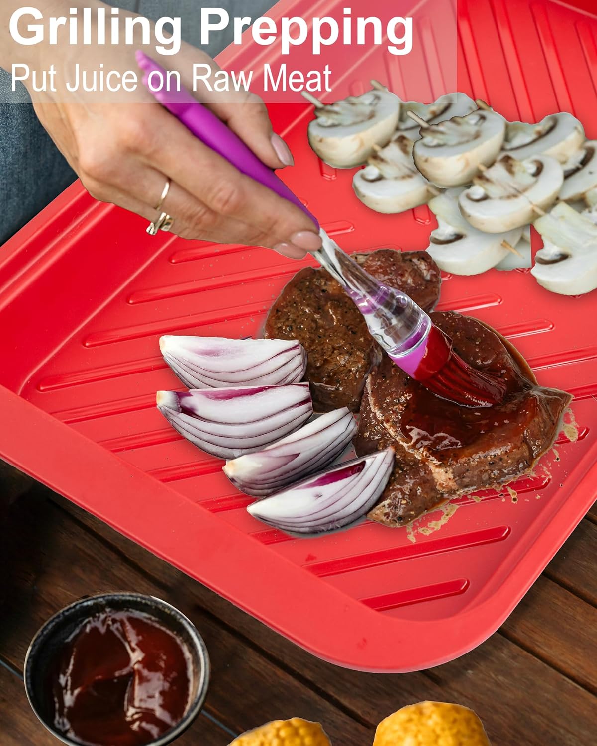 Grilling Prep and Serving Tray with Lid, BBQ Deep Tray for Marinating Raw and Cooked Food, Melamine Serving Trays for Food, Black and Red