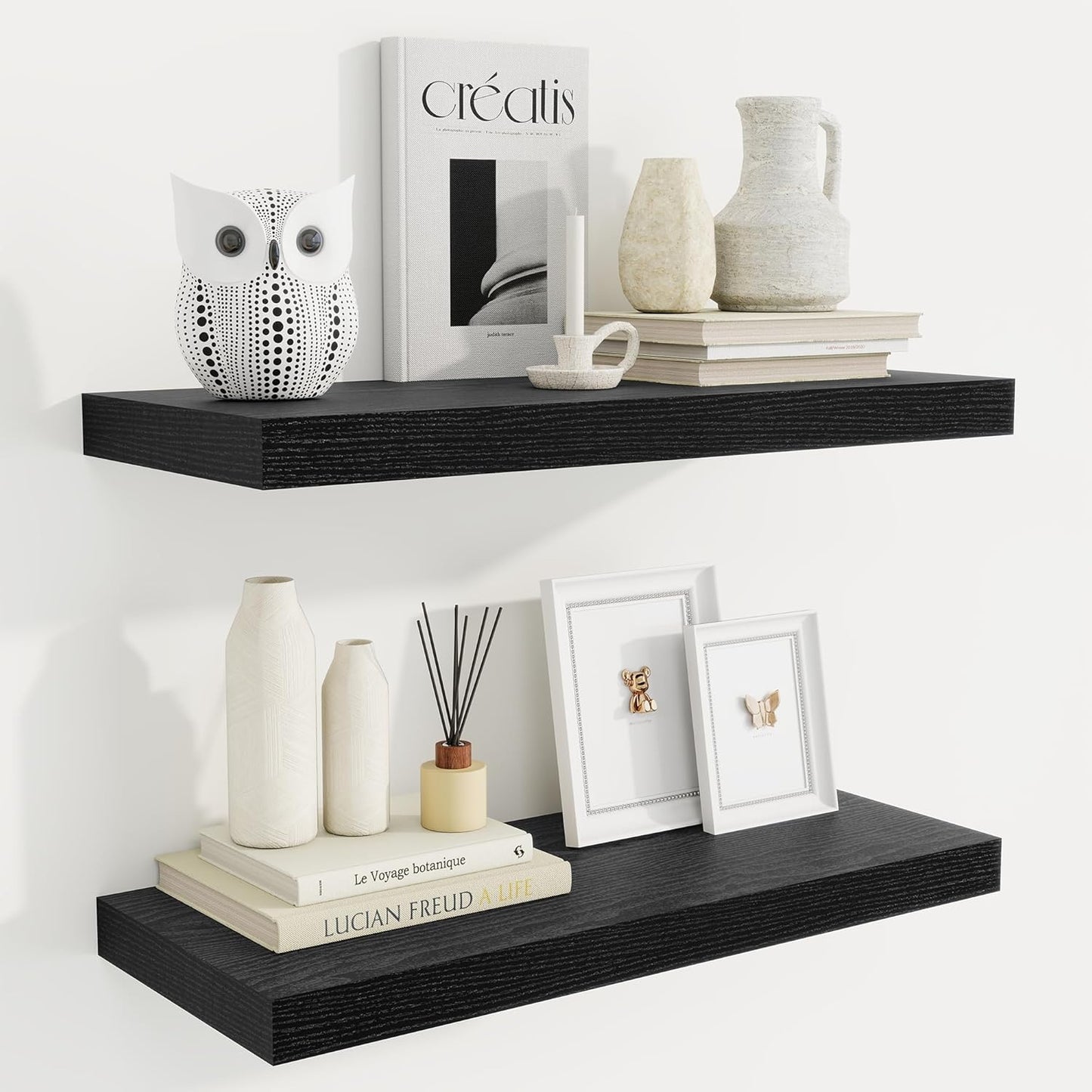 Fun Memories Floating Shelves for Wall, 24 Inch Rustic Wood Wall Mounted Shelves for Bathroom, Bedroom, Living Room, Deep Floating Shelves for Storage & Home Decor (Black, Set of 2)