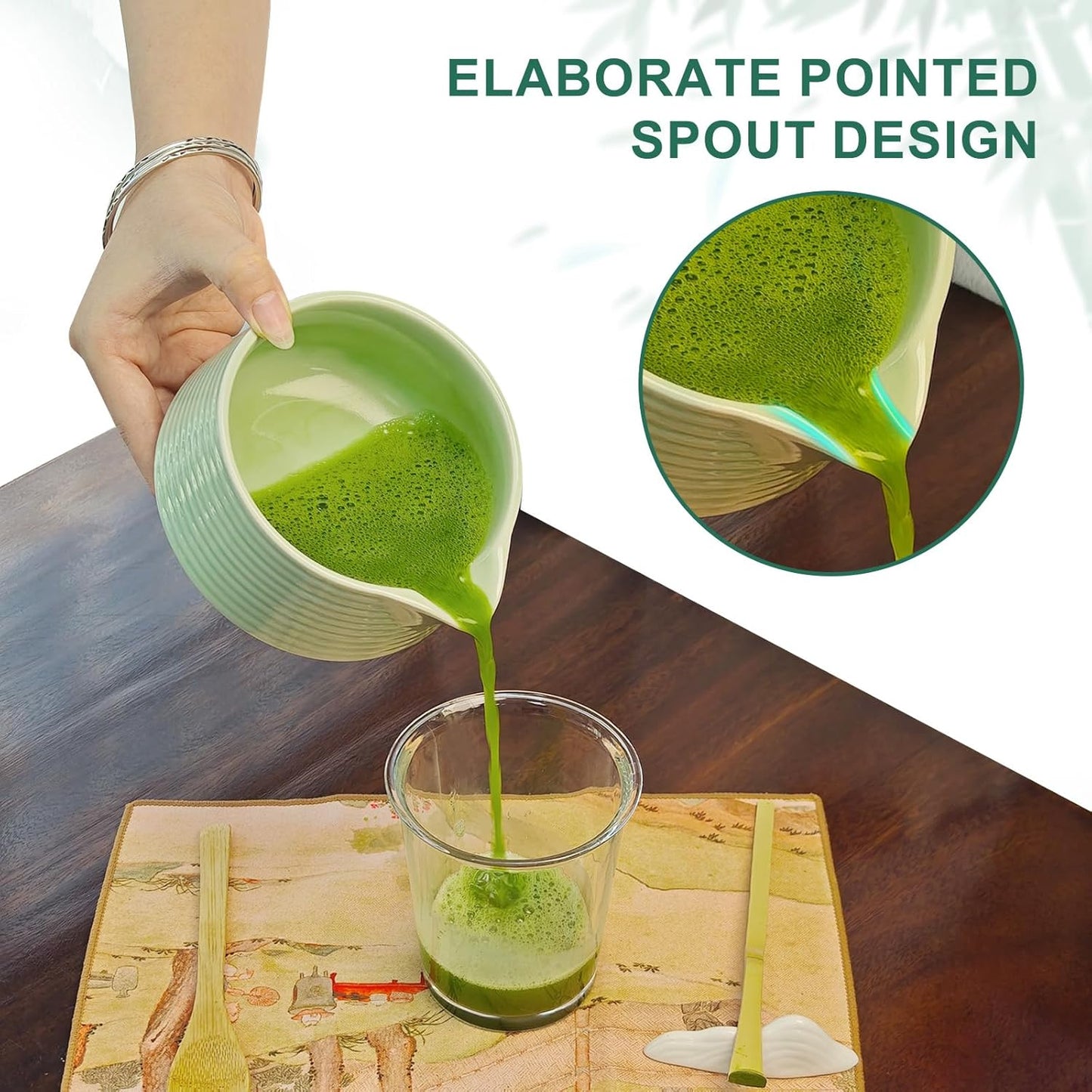 Matcha Whisk Set, Matcha Bowl with Spout, Tea Brush Stand, Stainless Steel Sifter, Matcha Whisk Holder - 8 Pcs Green Matcha Kit Set for Matcha Lover Ideal Holiday Gift, Tea Making Tools