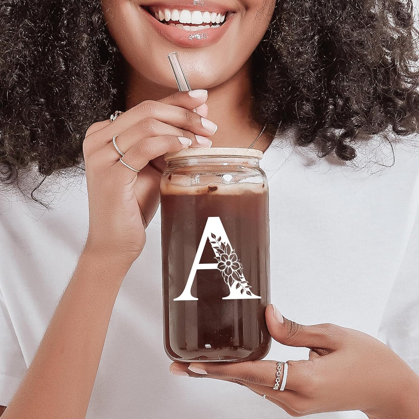 Personalized Gifts for Women, Monogrammed Glass Cups with Lids and Straws, Custom Tumbler, Cute Customized Mug, Aesthetic Stuff, Initial Iced Coffee Cup, Drinking Glasses, Birthday Teacher Gifts, P