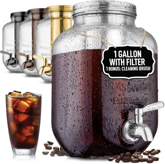 Zulay Kitchen 1 Gallon Cold Brew Coffee Maker – Thick Glass Pitcher with Stainless Steel Filter, Lid & Spout – Large Mason Jar Container Dispenser - Iced Coffee & Sun Tea Brewer for Fridge – Silver