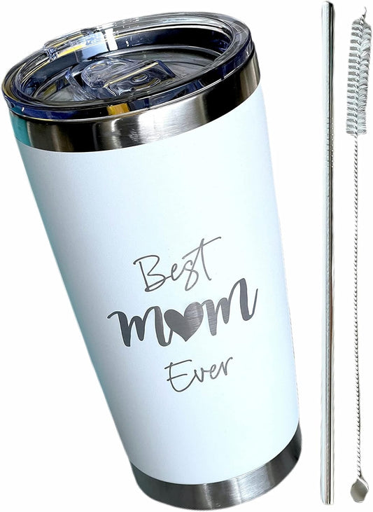 Best Mom Ever Tumbler Gift. 20 Oz Insulated Stainless Steel With Lid, Straw & Brush. Gift Idea For Mom Birthday, Mother's Day Gift Travel Mug Or New Mom Christmas Gift. Laser Engraved.(White)