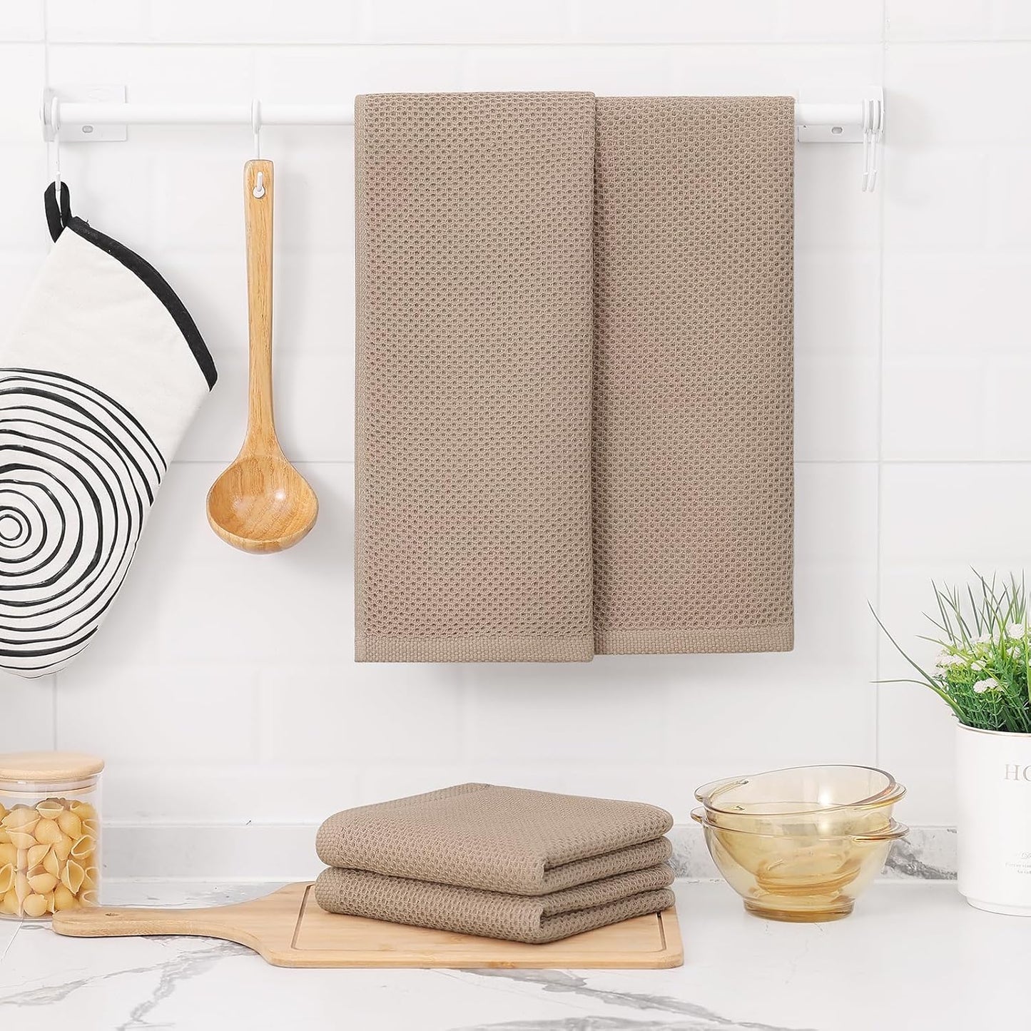 Kitinjoy 100% Cotton Waffle Weave Kitchen Towels, 8-Pack Super Soft and Absorbent Dish Towels for Drying Dishes, Kitchen Hand Towels, 13 in x 28 in, Tan