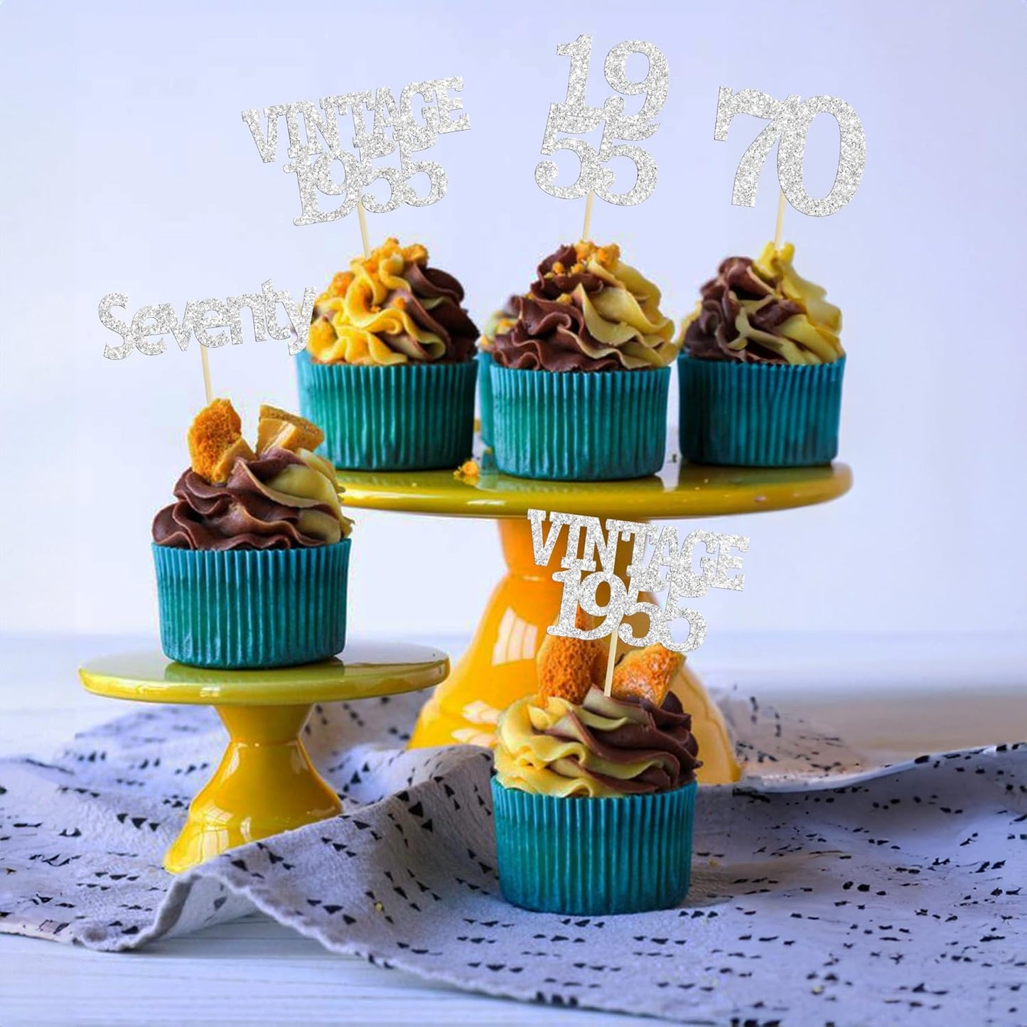 Gyufise 24Pcs 70th Birthday Cupcake Toppers Glitter Cheers to 70 Fabulous Seventy Vintage 1955 Cupcake Picks 70th Birthday Wedding Anniversary Party Cake Decorations Supplies Silver