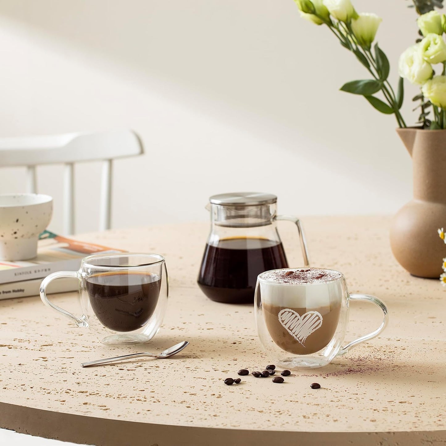 CNGLASS Double Wall Glass Coffee Mugs with Handle,10oz Clear Insulated Glass Espresso Cups for Hot and Cold Beverages,Latte,Cappuccino,Set of 2