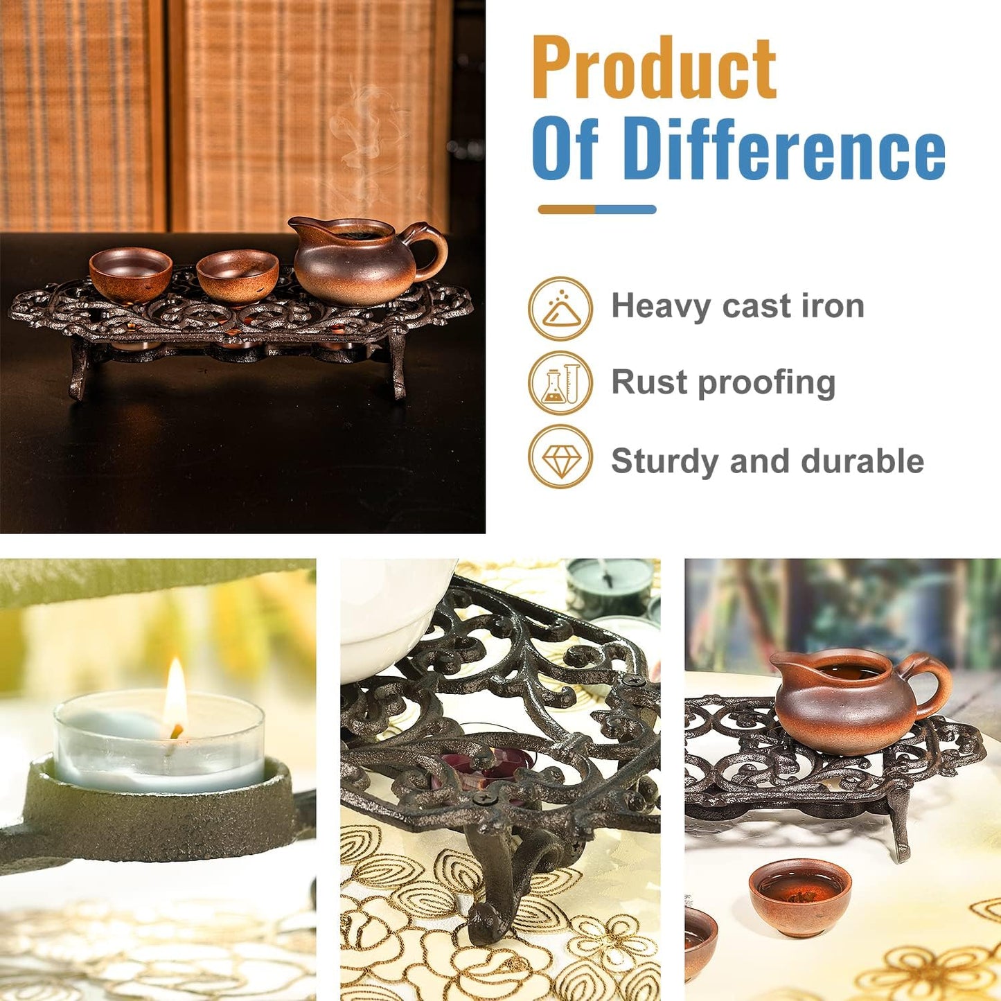 Sungmor Heavy Duty Cast Iron Teapot Dish Warmer Stable Holder for Tealight Stand | Tealight Warmer Decorative Stove for Villa Yard Balcony-Flower Shape