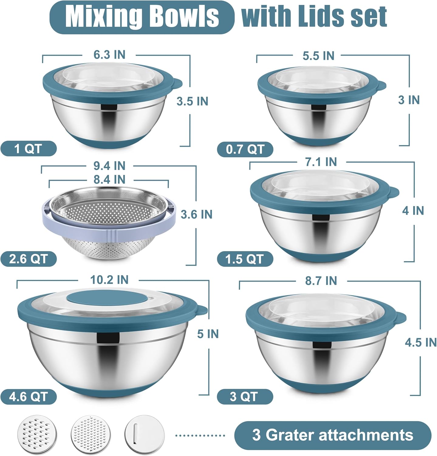E-far Mixing Bowls with Lids Set, 15PCS Stainless Steel Mixing Nesting Bowls with Colander and 3 Metal Graters for Kitchen, Non-Slip Bottom & Airtight Transparent Lid, 4.6, 3, 1.5, 1, 0.7QT, Blue