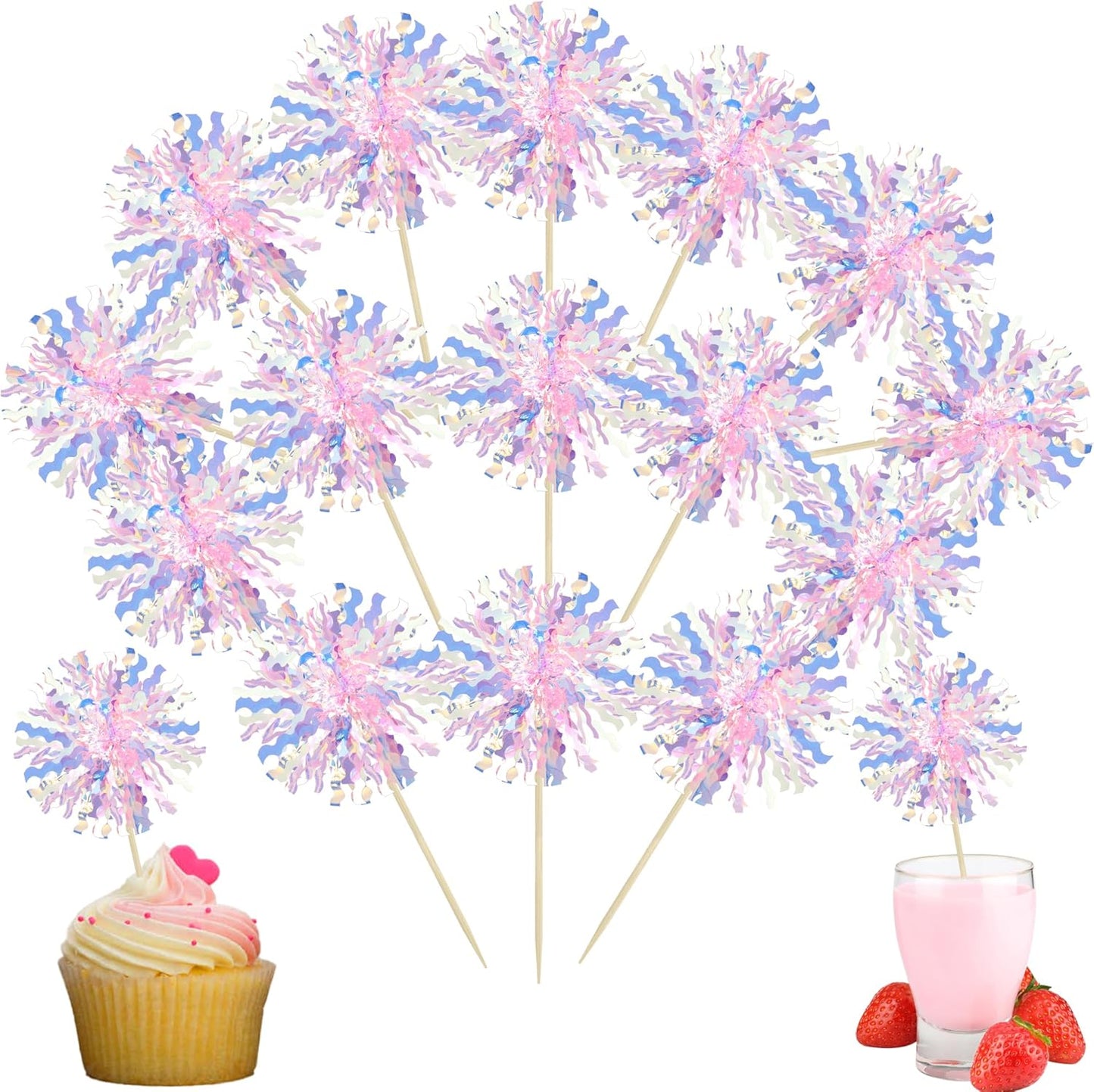 Ephlyn 30Pcs Foil Firework Cupcake Toppers Firework Cake Toppers Tinsel Flower Drink Stirrers Cocktail Food Fruit Toothpicks for Valentine's Day Party Decorations Pink