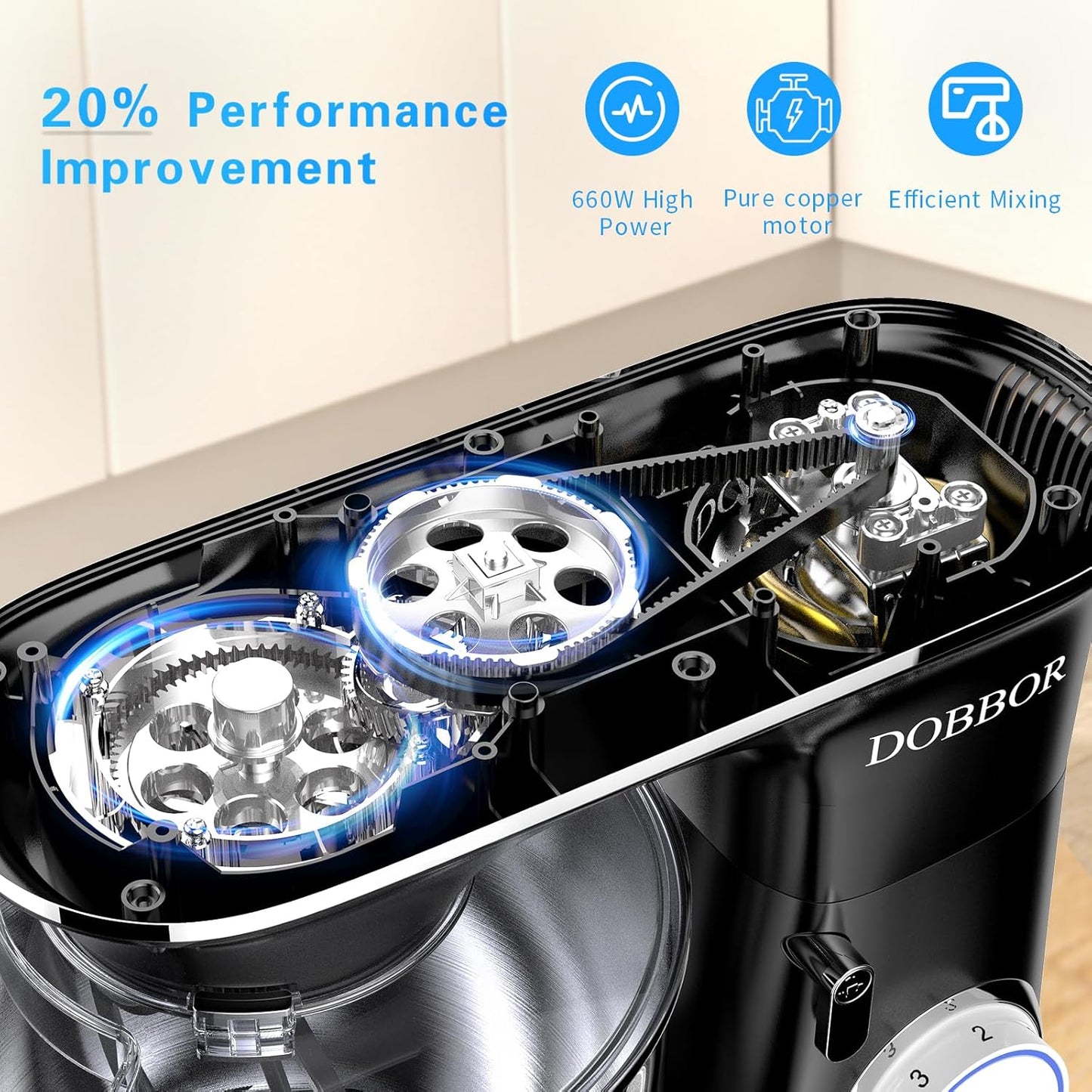 DOBBOR Electric Stand mixer, 9.5QT 660W 6 Speeds Tilt-Head Dough Mixers, Bread Mixer with Dough Hook, Whisk, Beater, Splash Guard for Baking Bread, Cake, Cookie, Pizza, Muffin, Salad and More - Black