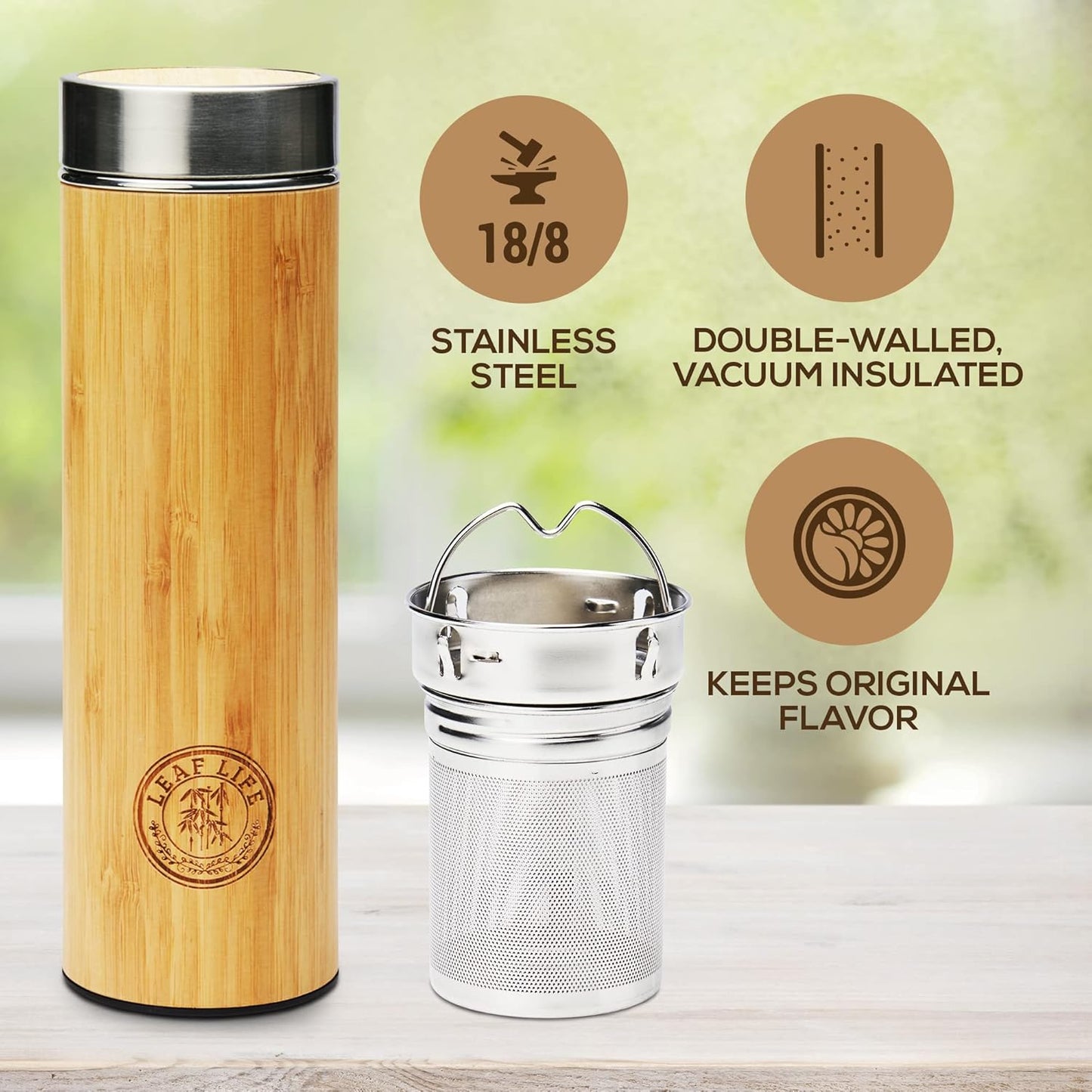 LeafLife Premium Bamboo Tea Bottle for Loose Tea - Tea Infuser Bottle - Tea Gifts - Insulated Water Bottle/Coffee Tumbler/Tea - Tea Gift Set, Tea Accessories - Tea Tumbler 12oz